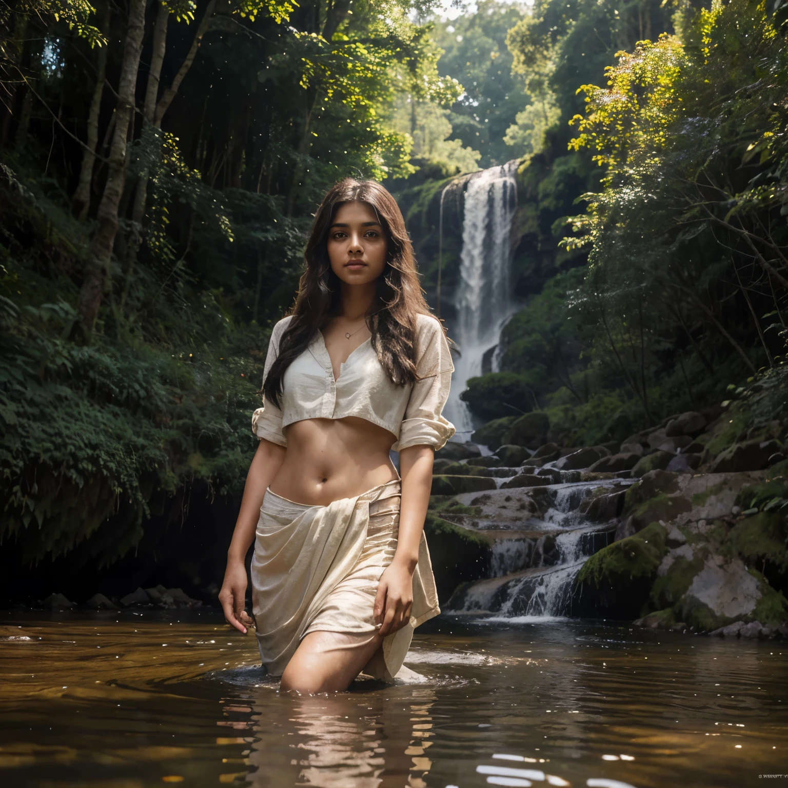 Indian 21year girl slim fit with long messy hair brown eyes round face shape  ,6.5 height long  standing in gaint forest close water fall morning time HDR 8K HIGH QUALITY high production value wide-angle shot realistic realism cinematic 