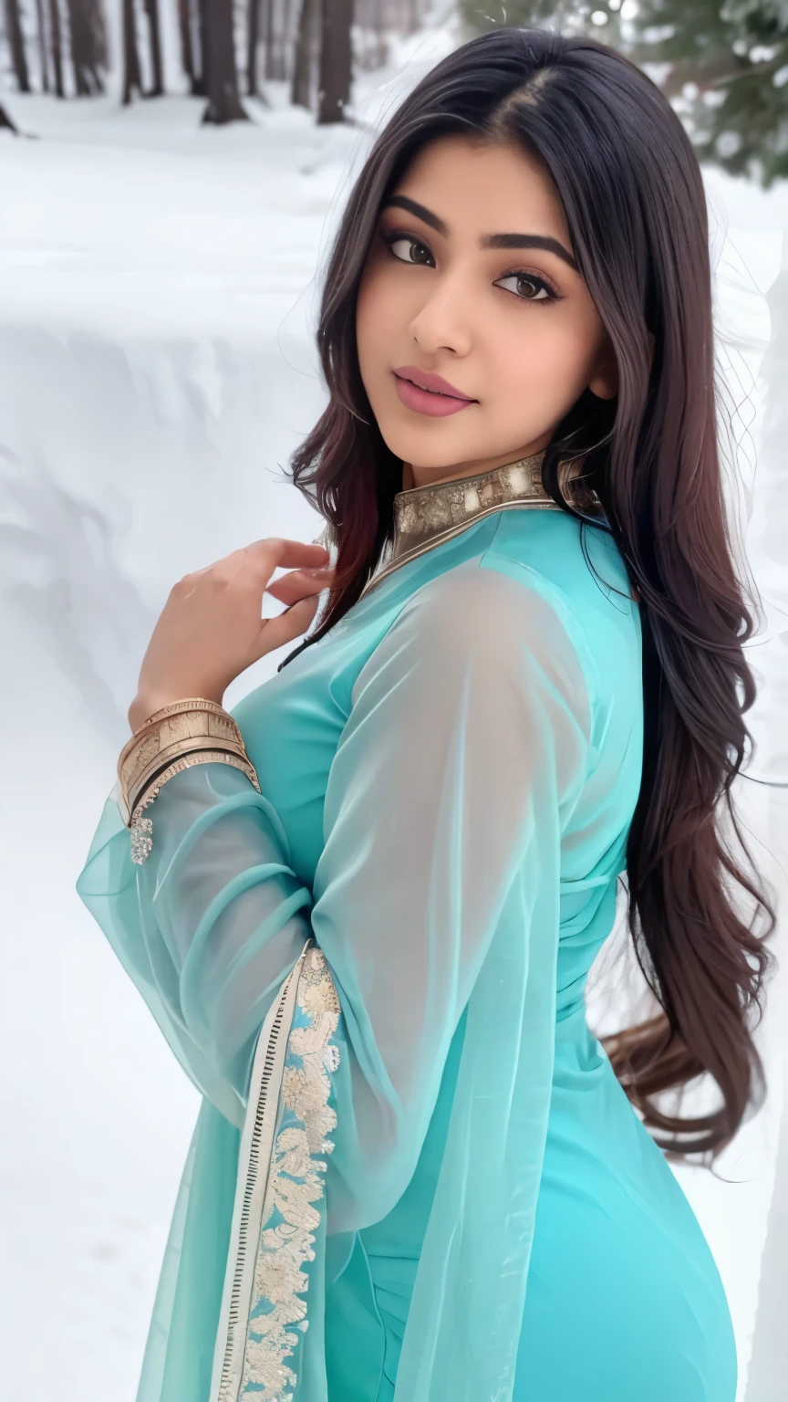 Pakistani hot ladki Yasmeen Khan 31 Sal Umra Badi Chhati Bade chuche Gajab Ka finger Khubsurat Rosto detalhado, belos olhos castanhos detalhados, beautiful detailed lips, long eyelashes, salwar kameez dupatta, snow falling from the sky, paisagem de inverno, ambiente aconchegante, warm lighting, flocos de neve macios, serene expression, delicate features, retrato realista,