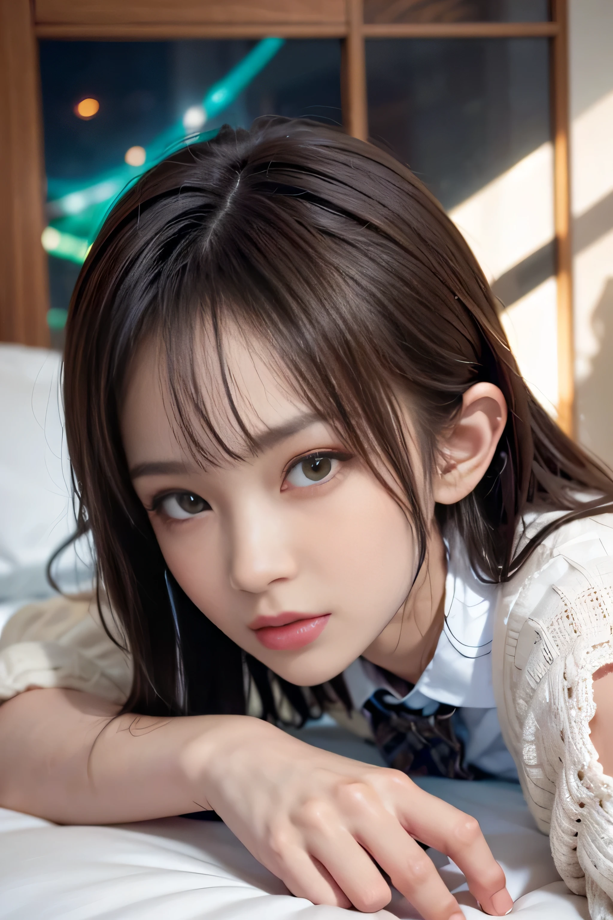((Girl lying on bed with head up)),(超realistic)、(enlightenment)、(High resolution)、(8k)、(非常にbe familiar with)、(ベストenlightenmentレーション)、(detailed and beautiful eyes)、(highest quality)、(超be familiar withな)、(masterpiece)、(wall-)、(detailed face)、alone、1 girl in、looking at the viewer、be familiar with、detailed face、in the dark night、deep shadow、discreet key、Pure erotic face ace_、length、black shawl straight hair、46 point diagonal bangs,Female student、(white blazer、chest emblem)、translucent white blouse、red bow tie、( in bright colors,plaid)、M-shaped spread legs: white panties: 1.5, スカートの下からパンツが見えるlengthい脚: 1.2,,8k, highest quality, 超High resolution, table top, realistic, realistic, high contrast, photon mapping, real image, 超be familiar with, Low - Angle: 1.5, 1 girl, aloneで: 1.5, whole body, Pop star, K-POPアイドル, Dress up like KPOP, sexy, barefoot, high heels,, rough skin