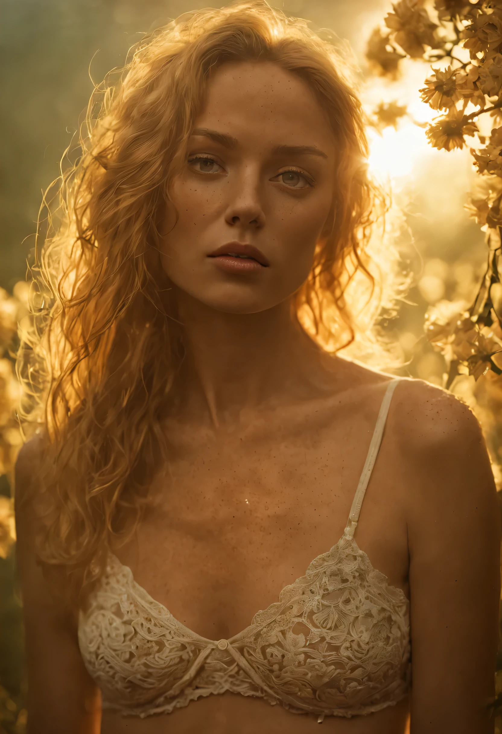 Gorgeous freckly blonde curvy woman, style of david hamilton, summer, humid, backlighting, golden hour, breathtaking, in dusty attic, soaked jeans, hazy foggy etheral morning, detailed face, detailed symmetric circular iris, realistic, stunning realistic photograph, octane render, intricately detailed, cinematic, disheveled skimpy fabric, sultry, bare, exposed, boxershorts, camel towe in shorts, detailed face, foggy, sweaty, godrays, haze, atmospheric, photojournalism, busy background, volumetric lighting, neo-expressionism, art photography, gorgeous mood, hazy morning, surrounded by flowers and petals, touching her self on ass, sunrays on skin, sweaty, long hair, ultrarealistic, nudety