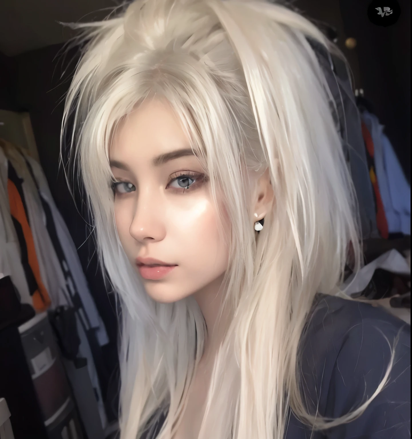 Mujer rubia con pelo largo y piercings posando para una foto., su cabello es blanco, cabello con flequillo blanco, flequillo blanco, extremely pale blonde hair, very very pale blonde hair, chica con pelo blanco, chica perfecta de pelo blanco, cara bonita de pelo blanco, pelo blanco con flecos, peinado de corte hime blanco, pale fur, pelo largo y blanco y flequillo