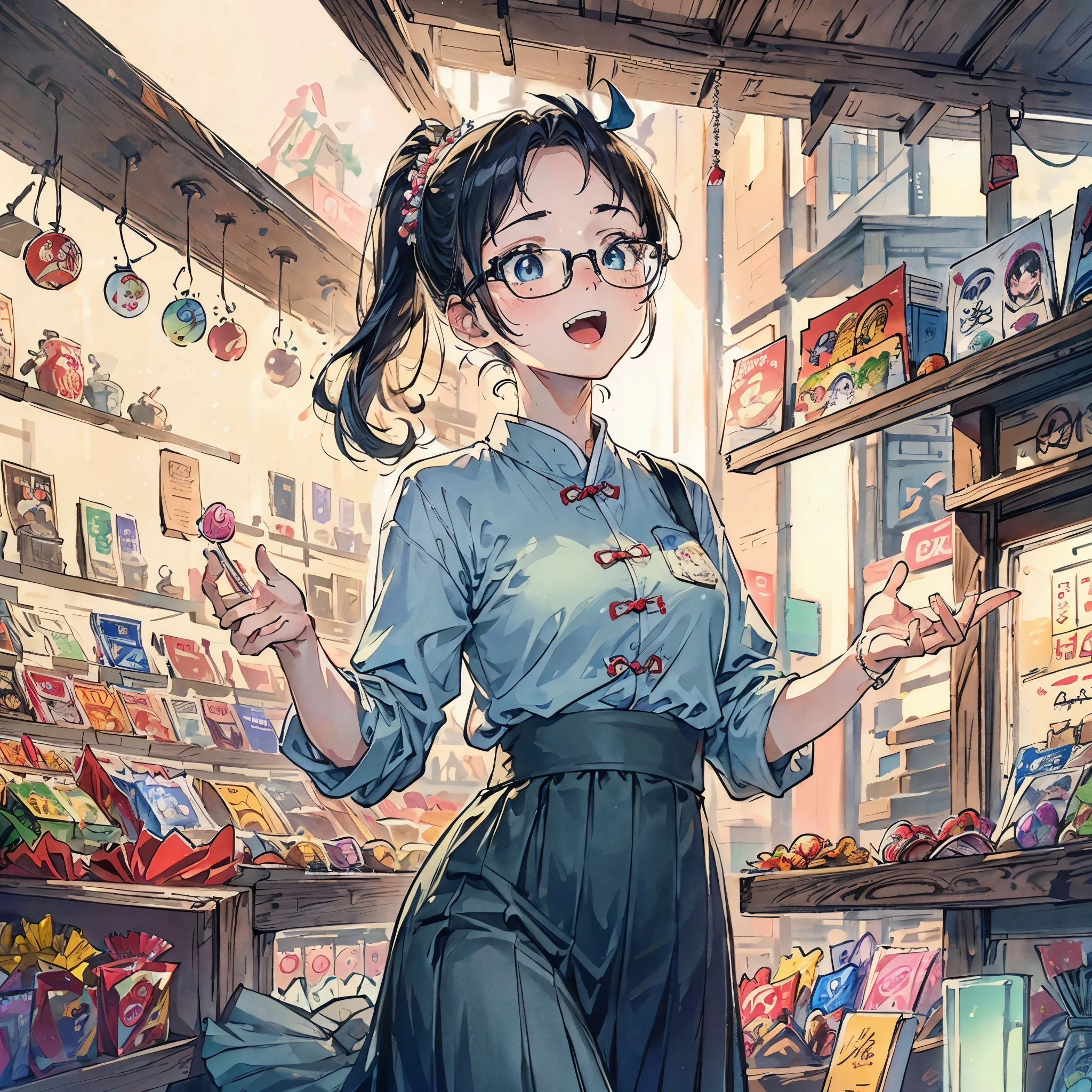 masterpiece, highest quality, {highest quality}, {{masterpiece}}, {High resolution}, concentrated, , Mom-and-pop candy store, ponytail,glasses 、Beauty、freckles、old buildings, straight eyes, , , Hilarious, cute clothes、skirt, turning around,There is emotion 、surprised expression、looks fun、Looks happy、Lots of candy、angle from below、I'm happy、I'm happy仕草、My eyes are shining