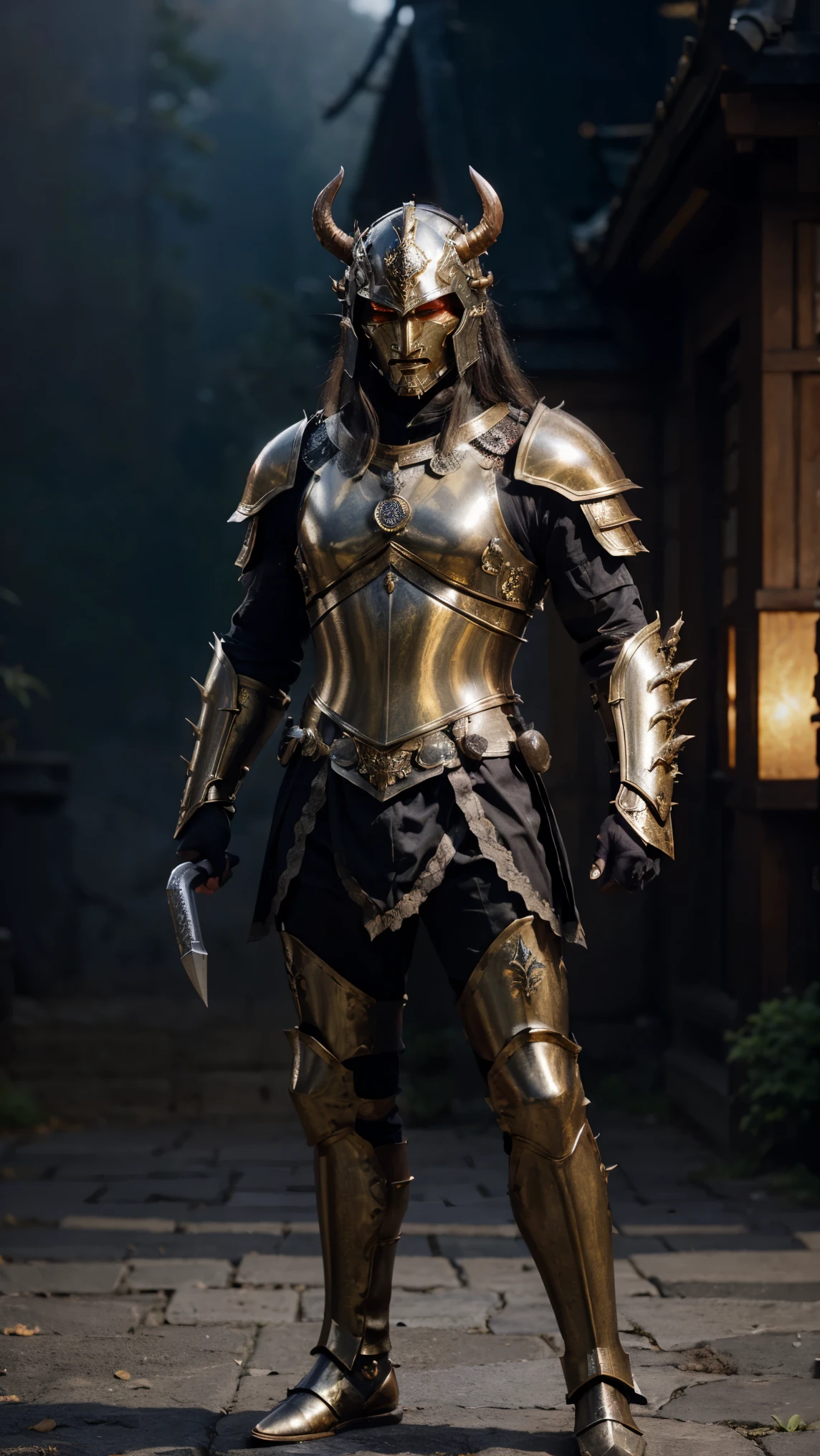 warrior, concept-art, author:Kishiganku, Fantasy art, Zen temple background, clean render, a horned, Wear a suit of armor, Detailed bushido form smoke, helmet of a forgotten deity, character is standing, 8k Realistic, in game render, detailed face background detail, Art station front page, taur, Pseudo-medieval fantasy, A deity wearing koi armor, detailed bronze armor, Bronze armor, golden etched armor, gold obsidian armor, Light gold armor, Gorgeous filigree armor, A demonic warrior, Gorgeous armor full of thorns, Intricate assasin armor, Intricate metal armor, powerful warrior, Dressed in gorgeous gold armor,Decorated with intricate patterns, The helmet has a large crown and two horns,Glowing red eyes, Everything is in the dark, The smoky background hints at battle scenes, Add an ominous aura to his character,Demon's giant demon wings,submission, Full body shot.