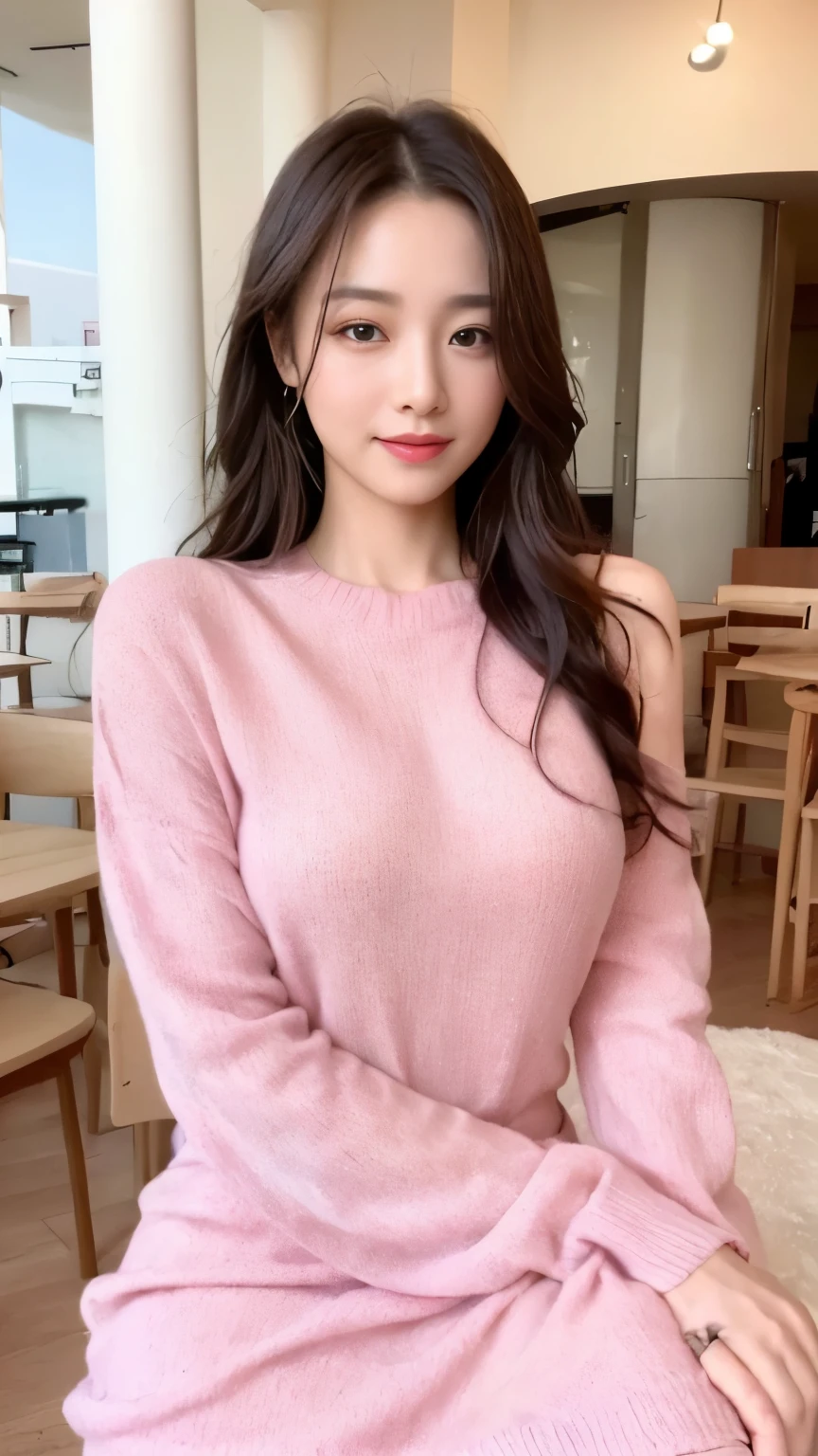 ((top-quality、8k、masterpiece:1.3))、Beautiful woman with perfect body:1.4、slim abdomen:1.2、Longhair, normal breast, Highly detailed facial and skin texture, A detailed eye, delicate eyes, double eyelid, (smile), (full body shot), ((sitting outside of cafe)), (sitting in chair), ((wearing pink sweater dress)), looking in front
