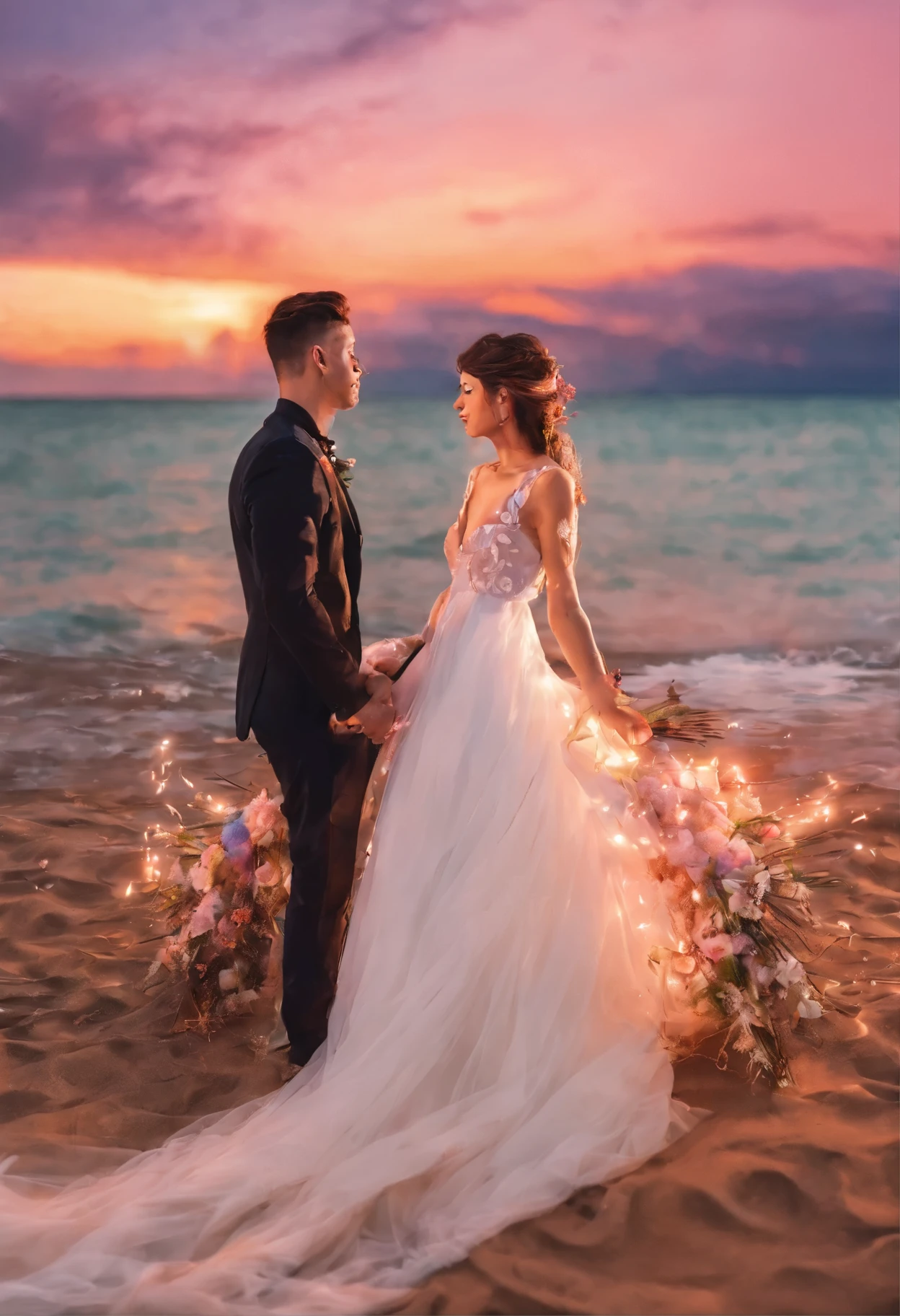 Two men and women get married,facing the camera,seaside,seagull,The color of the sun is super dreamy,8K,meticulous