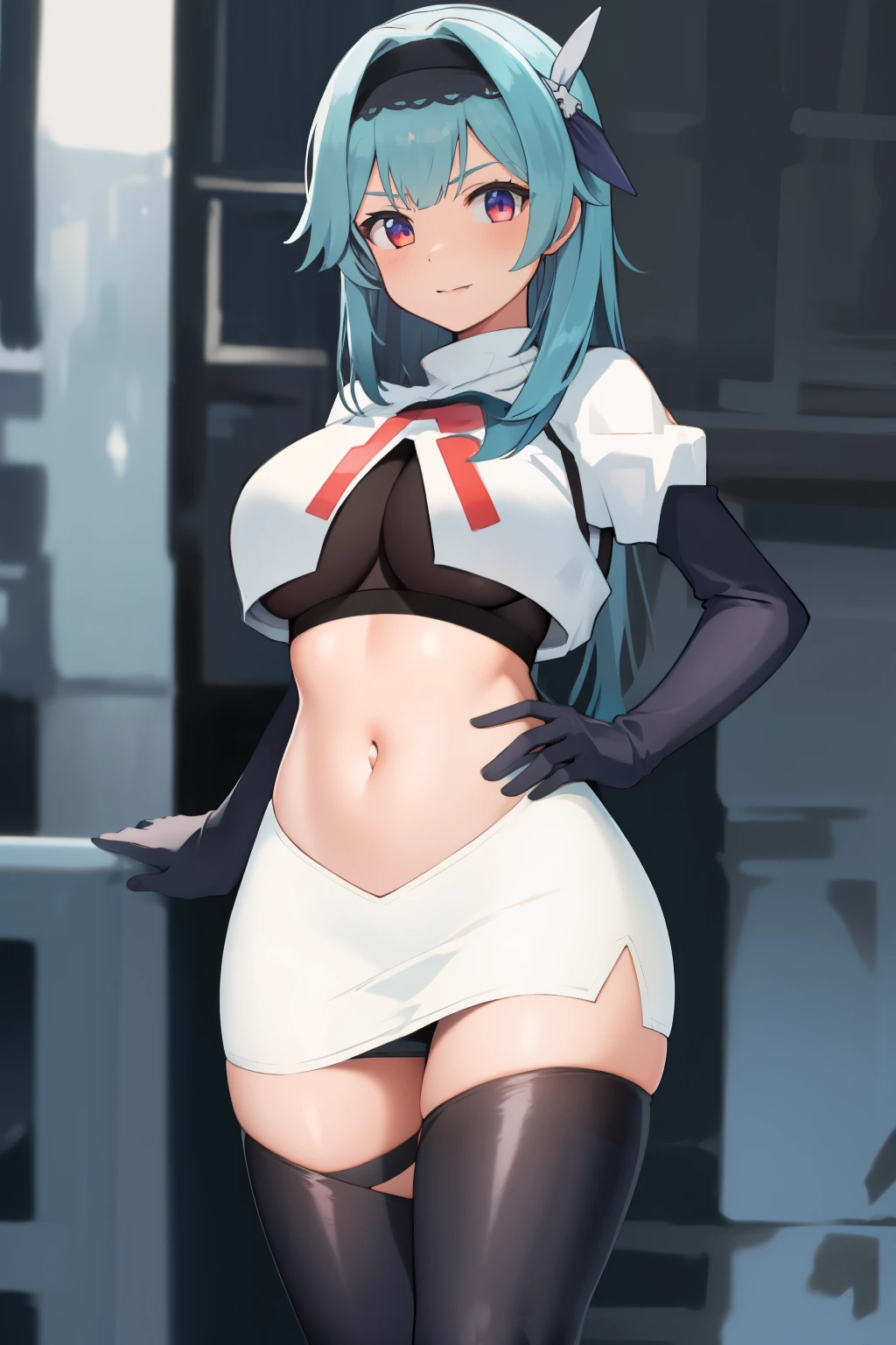1girl, solo, euladef, large breasts, thighs, team rocket,team rocket uniform,white skirt,red letter R,crop top,black thigh-highs,black elbow gloves,