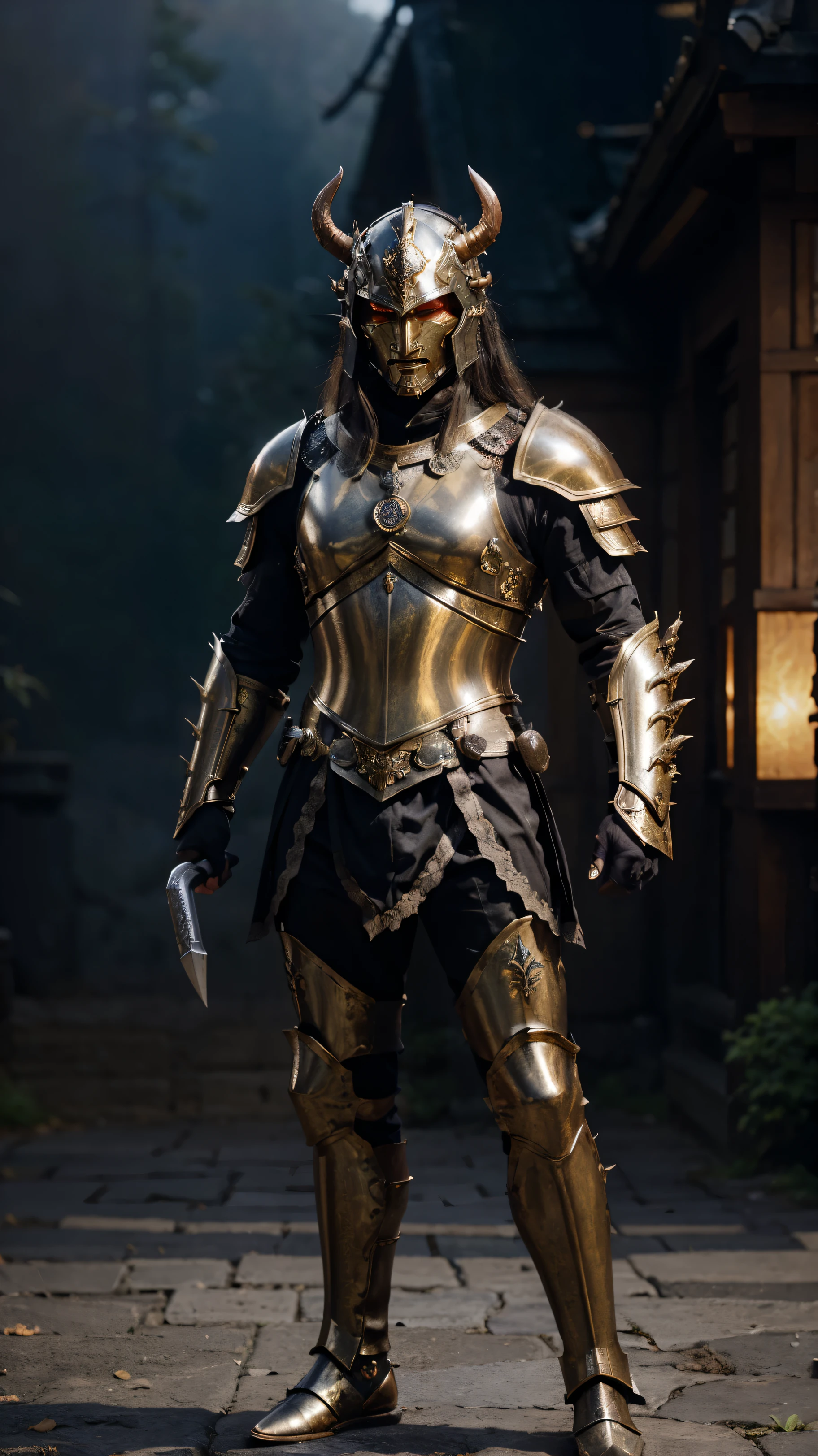 warrior, concept-art, author:Kishiganku, Fantasy art, Zen temple background, clean render, a horned, Wear a suit of armor, Detailed bushido form smoke, helmet of a forgotten deity, character is standing, 8k Realistic, in game render, detailed face background detail, Art station front page, taur, Pseudo-medieval fantasy, A deity wearing koi armor, detailed bronze armor, Bronze armor, golden etched armor, gold obsidian armor, Light gold armor, Gorgeous filigree armor, A demonic warrior, Gorgeous armor full of thorns, Intricate assasin armor, Intricate metal armor, powerful warrior, Dressed in gorgeous gold armor,Decorated with intricate patterns, The helmet has a large crown and two horns,Glowing red eyes, Everything is in the dark, The smoky background hints at battle scenes, Add an ominous aura to his character,Demon's giant demon wings,submission, Full body shot.