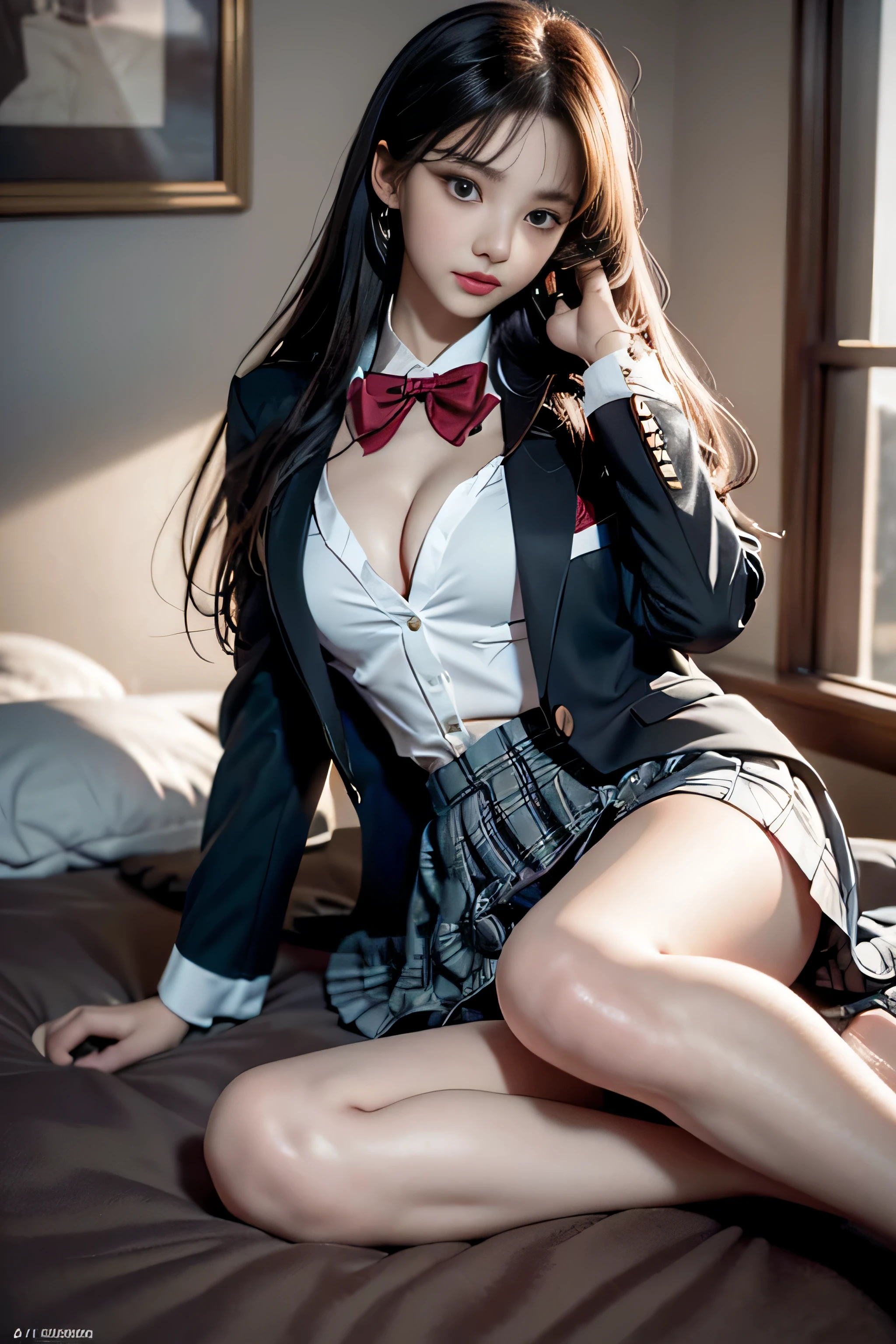 ((Girl lying on bed with head up)),(超realistic)、(enlightenment)、(High resolution)、(8k)、(非常にbe familiar with)、(Best Illustration)、(detailed and beautiful eyes)、(highest quality)、(超be familiar withな)、(masterpiece)、(wall-)、(detailed face)、alone、1 girl in、looking at the viewer、be familiar with、detailed face、in the dark night、deep shadow、discreet key、Pure erotic face ace_、length、black shawl straight hair、46 point diagonal bangs,Female student、(white blazer、chest emblem)、translucent white blouse、red bow tie、( in bright colors,plaid)、,8k, highest quality, 超High resolution, table top, realistic, realistic, high contrast, photon mapping, real image, 超be familiar with, Low - Angle: 1.5, 1 girl, alone: 1.5, whole body, Pop star, K-POPアイドル, Dress up like KPOP, sexy, barefoot, high heels, M-shaped spread legs: white panties: 1.5, Long legs with panties visible under the skirt: 1.2, rough skin,