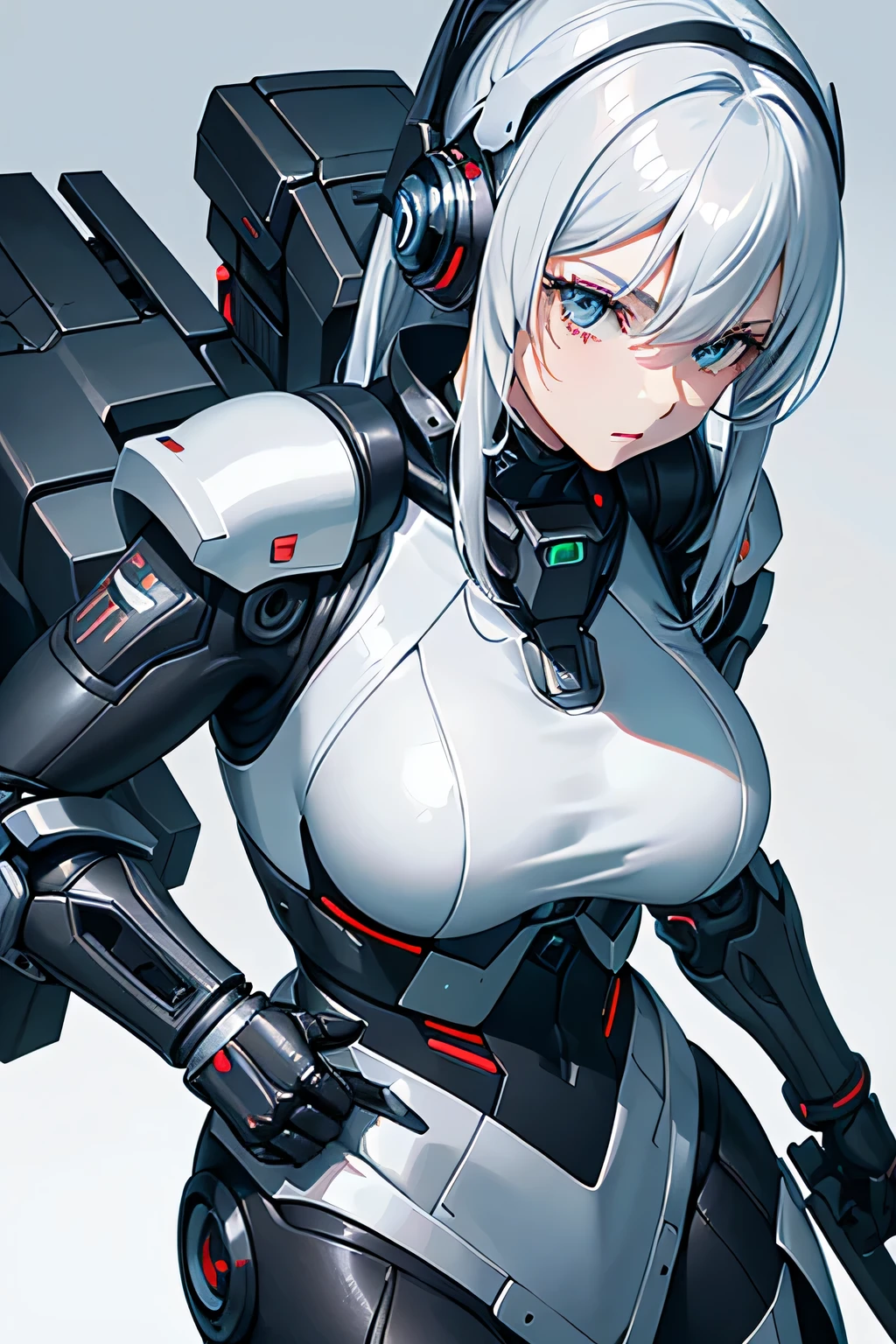 a close up of a woman in a black and white outfit holding a sword, cyborg - girl with silver hair, girl in mecha cyber armor, best anime 4k konachan wallpaper, oppai cyberpunk, cybersuits, cyber suit, biomechanical oppai, cyberpunk anime girl mech, perfect android girl, perfect anime cyborg woman, android heroine