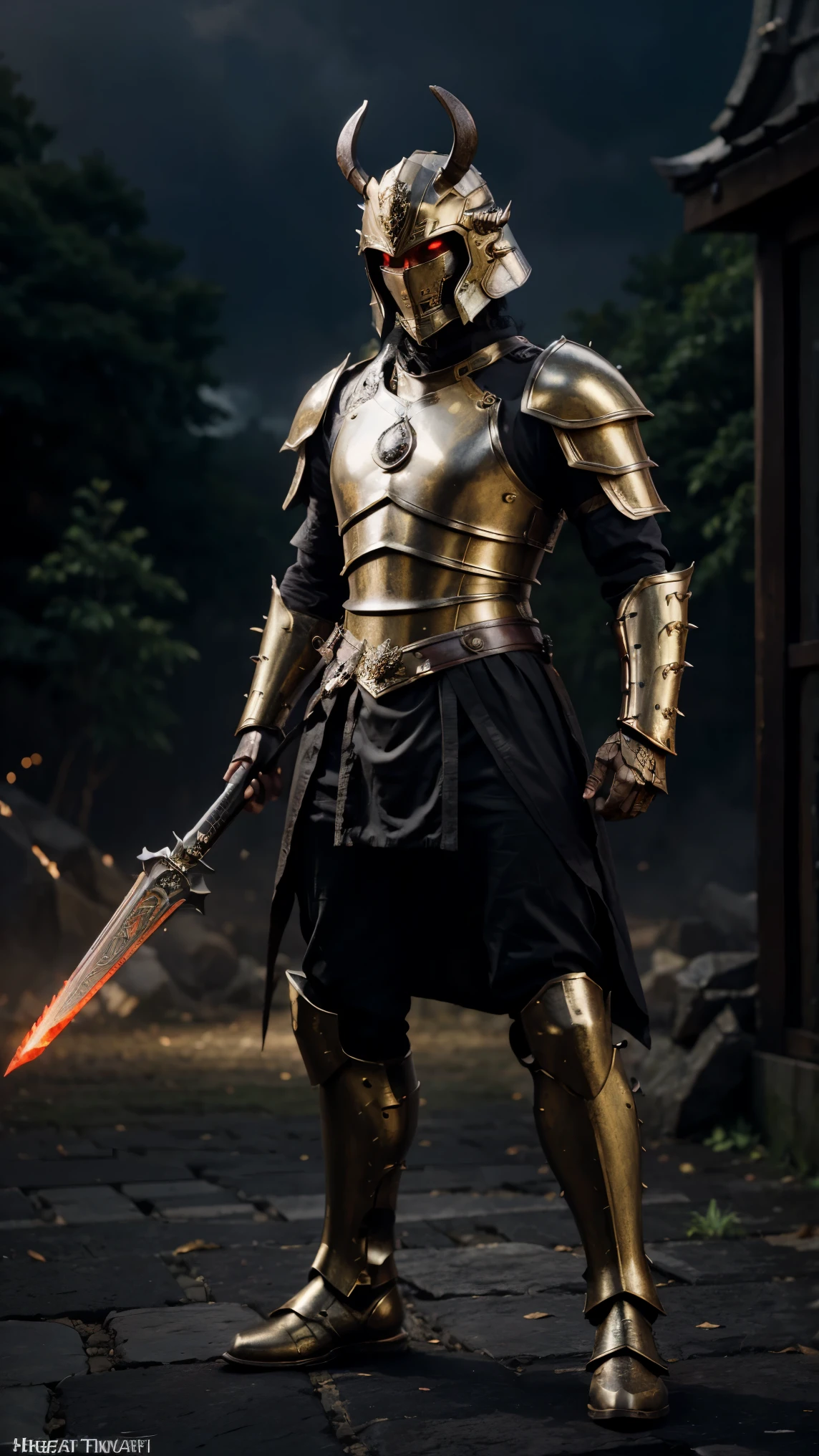 warrior, concept-art, author:Kishiganku, Fantasy art, Zen temple background, clean render, a horned, Wear a suit of armor, Detailed bushido form smoke, helmet of a forgotten deity, character is standing, 8k Realistic, in game render, detailed face background detail, Art station front page, taur, Pseudo-medieval fantasy, A deity wearing koi armor, detailed bronze armor, Bronze armor, golden etched armor, gold obsidian armor, Light gold armor, Gorgeous filigree armor, A demonic warrior, Gorgeous armor full of thorns, Intricate assasin armor, Intricate metal armor, powerful warrior, Dressed in gorgeous gold armor,Decorated with intricate patterns, The helmet has a large crown and two horns,Glowing red eyes, Everything is in the dark, The smoky background hints at battle scenes, Add an ominous aura to his character,Demon's giant demon wings,submission, Full body shot.