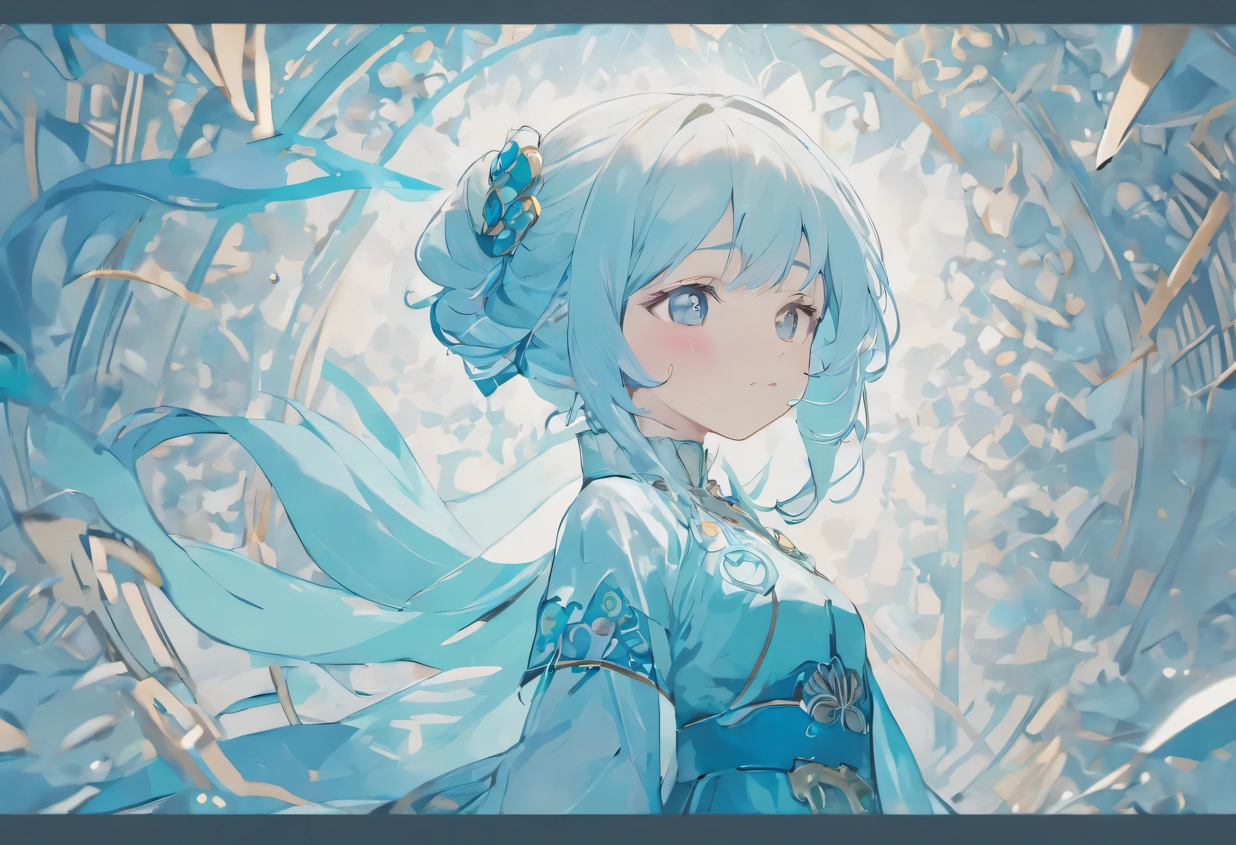 (White background:1.4),(Girl avatar silhouette, eyes closed, light blue long hair, Oriental elements),White dress roadshoulder design,(Chinese illustration:1.3,paper art:1.3, Quilted paper art:1.2),( Reasonable design, clear lines, HD,best quality, Very detailed, masterpiece, Lighting effects, 4k )
