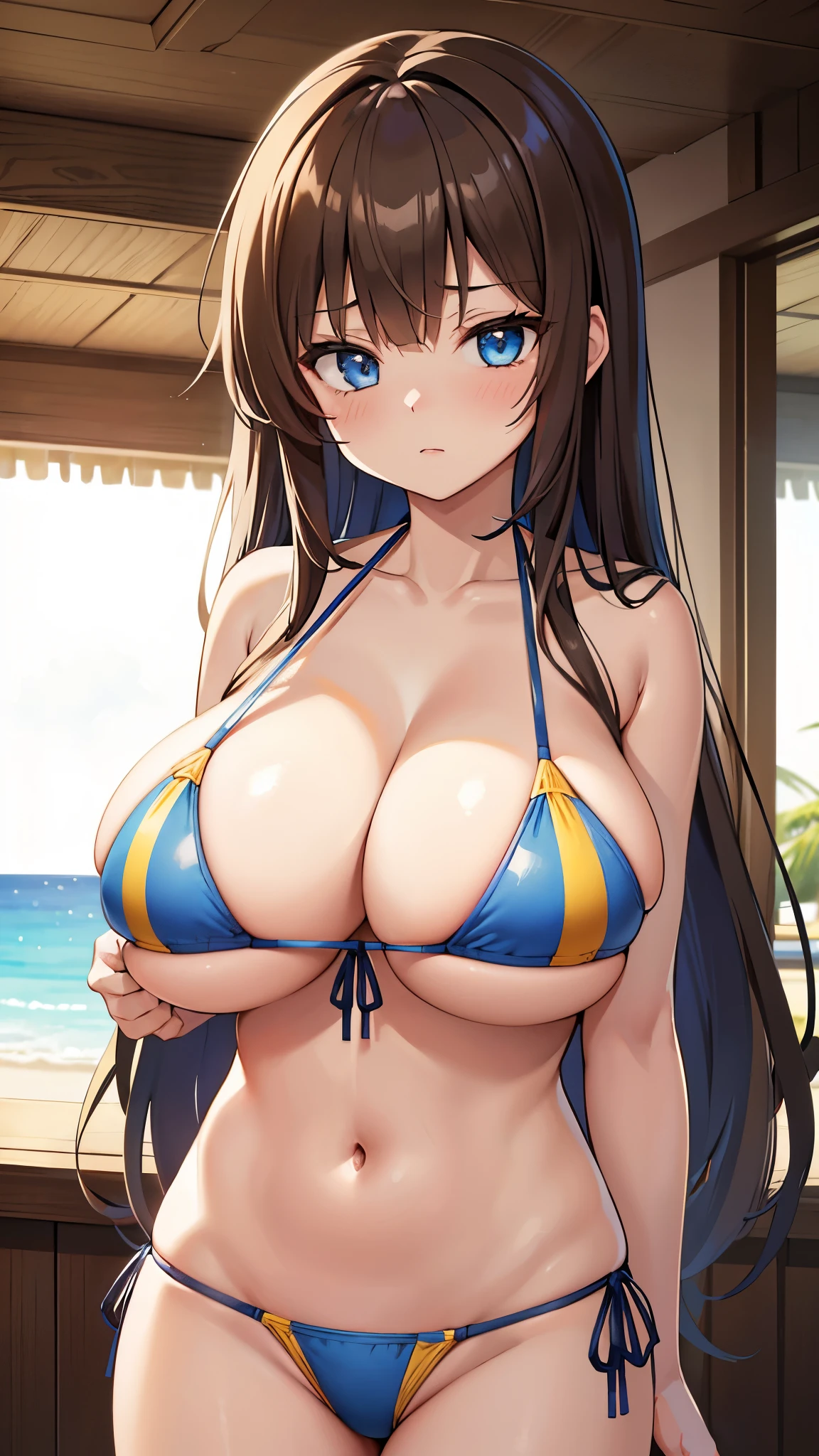 best quality,masterpiece,beautiful lighting,anime screencap,cowboy shot,1girl,gigantic breasts,,(bikini:1.4),sandy beach,Youjo Senky, Art Style,(serebryakov:1.2) ,bangs, blue eyes,brown hair,ahoge,long hair,