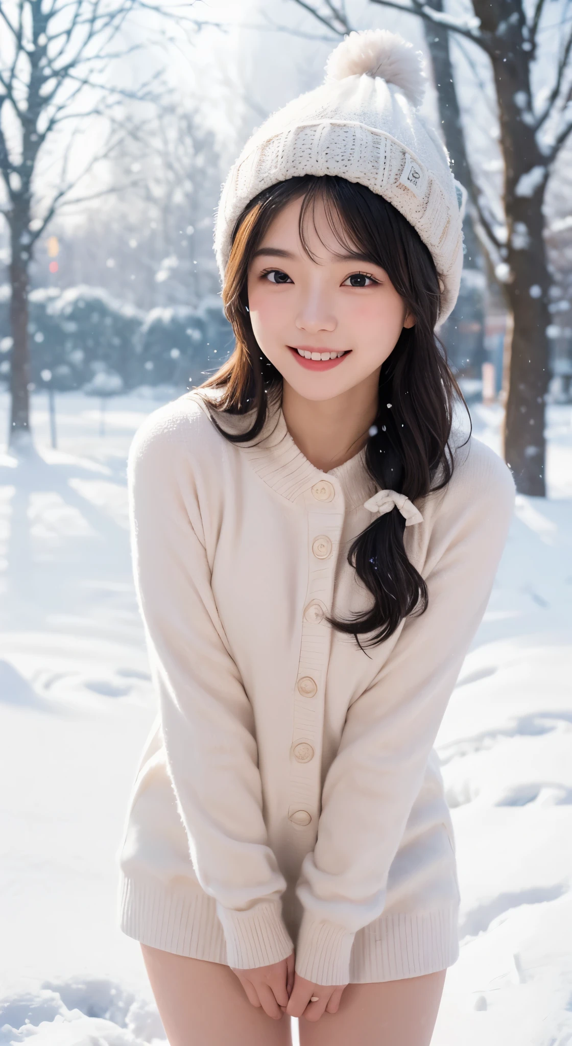 (Photographed by my boyfriend)、((No clothes))、((full nude))、cold、I'm so embarrassed、order an embarrassing pose、((front view))、(highest quality、masterpiece)、NSFW、Stylish nudity、blush、Life、8k、ribbon hair ornament、looking at the viewer、wavy hair、laughter、open your mouth and smile、smile、Good atmosphere on site、with a 17 year old girl, snow scene, winter wonderland, cute and innocent look, rosy cheeks, sparkling eyes, woolen hat、Pose with movement、footsteps in the snow, falling snowflakes, frosty tree, snow ground, soft snow texture, gentle and delicate lighting, pastel color palette, dreamy atmosphere, quirky and magical, 高解像度のmasterpiece:1.2, Super detailed, realistic:1.37, bright colors, Bokeh、無邪気なsmile、hair blowing in the wind、close up of face、Smiling、