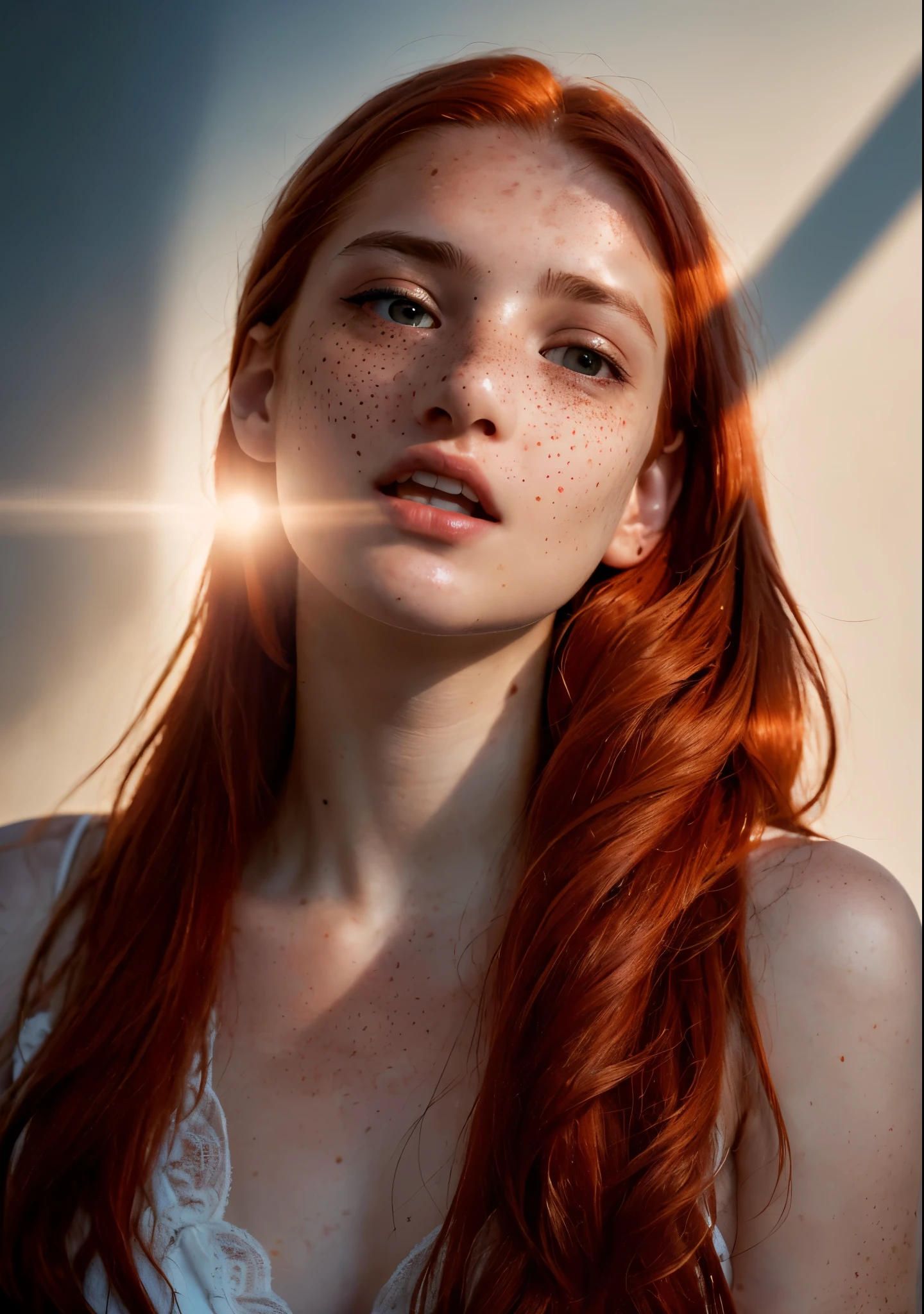 model shoot style, (high-quality, masterpiece, close portrait:1.3, dynamic pose, 4k full HD photo) of (pretty girl), (long hair, redhead girl, freckles, beautiful face:1.4), (ecstasy of light and shadow, volumetric light and shadows:1.3), (contest winner photo by lee jeffries, greg rutkowski and magali villanueve)
