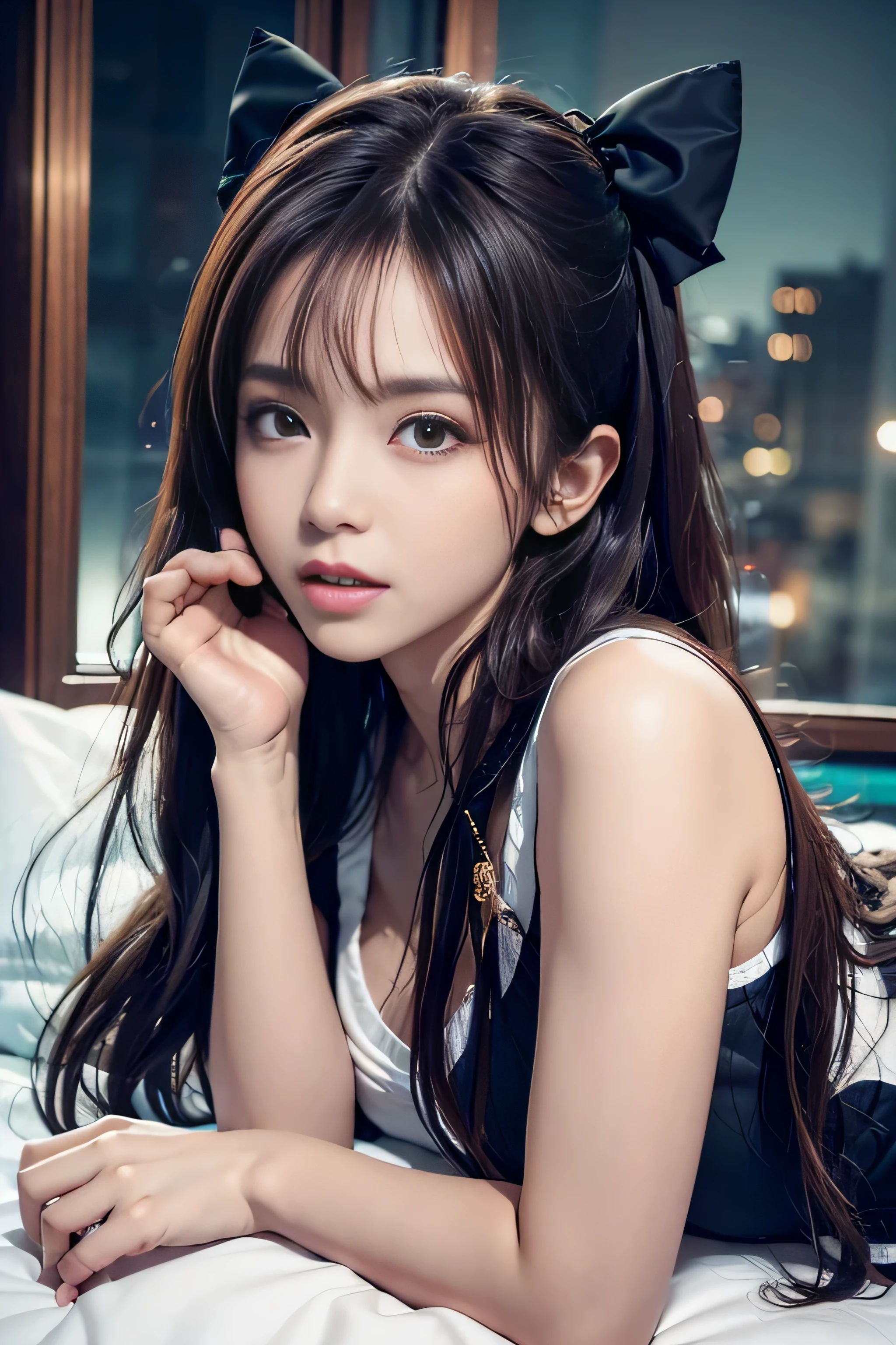 ((Girl lying on bed with head up)),(超realistic)、(enlightenment)、(High resolution)、(8k)、(非常にbe familiar with)、(ベストenlightenmentレーション)、(detailed and beautiful eyes)、(highest quality)、(超be familiar withな)、(masterpiece)、(wall-）、（detailed face）、alone、1 girl in、looking at the viewer、be familiar with、detailed face、in the dark night、deep shadow、discreet key、Pure erotic face ace_、length、black shawl straight hair、46 point diagonal bangs,Female student、(white blazer、chest emblem)、translucent white blouse、red bow tie、( in bright colors,plaid)、M-shaped spread legs: white panties: 1.5, スカートの下からパンツが見えるlengthい脚: 1.2,,8k, highest quality, 超High resolution, table top, realistic, realistic, high contrast, photon mapping, real image, 超be familiar with, Low - Angle: 1.5, 1 girl, aloneで: 1.5, whole body, Pop star, K-POPアイドル, Dress up like KPOP, sexy, barefoot, high heels,, rough skin