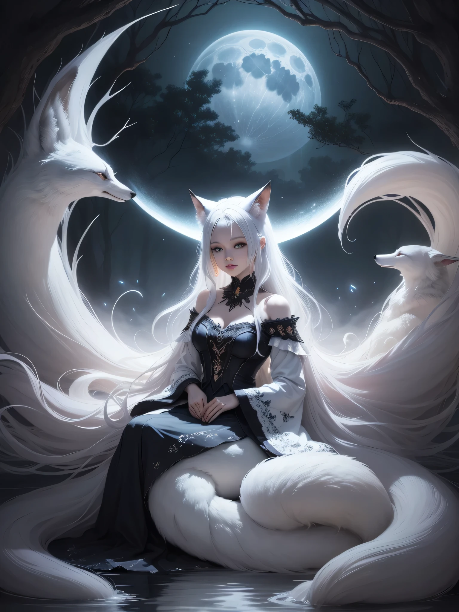 The background is a huge moon, painting of a fox with white hair sitting on a branch under the stars, ethereal fox, nine-tailed fox, Dreamy, nine tails, Beautiful artistic illustration, Mysterious creature, fox, Beautiful digital artwork, Beautiful digital illustration, water often, Inspired by the mythical creature wildnet, Digital art on pixiv, Bright light, high contrast, Horror theme, dark atmosphere