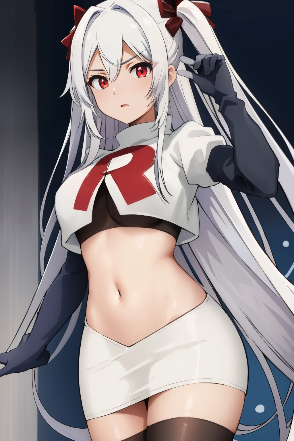 
é˜¿èŽ±å…‹è¥¿äºšÂ·ç±³å¾·å˜‰å°”,1girl,solo,long hair,white hair,sidelocks,very long hair,bangs,twintails,hair ornament,red eyes,black bow,hair bow,parted bangs,two side up,
large breasts, Exquisite visuals, high-definition,masterpiece,best quality,expressive eyes,
looking at viewer,
highres, absurdres,team rocket,team rocket uniform,white skirt,red letter R,crop top,black thigh-highs,black elbow gloves