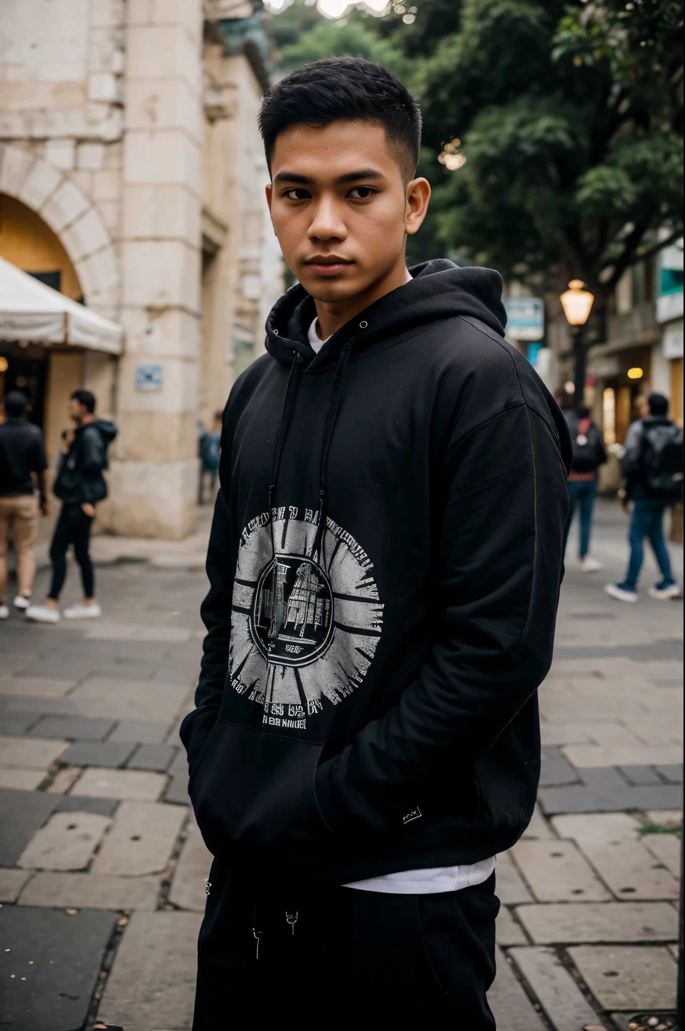 street Photography of young indonesian handsome man, wearing black hoodie, fashionable, outdoor, from bellow angle, Al Aqsa, Bokeh, as a traveller