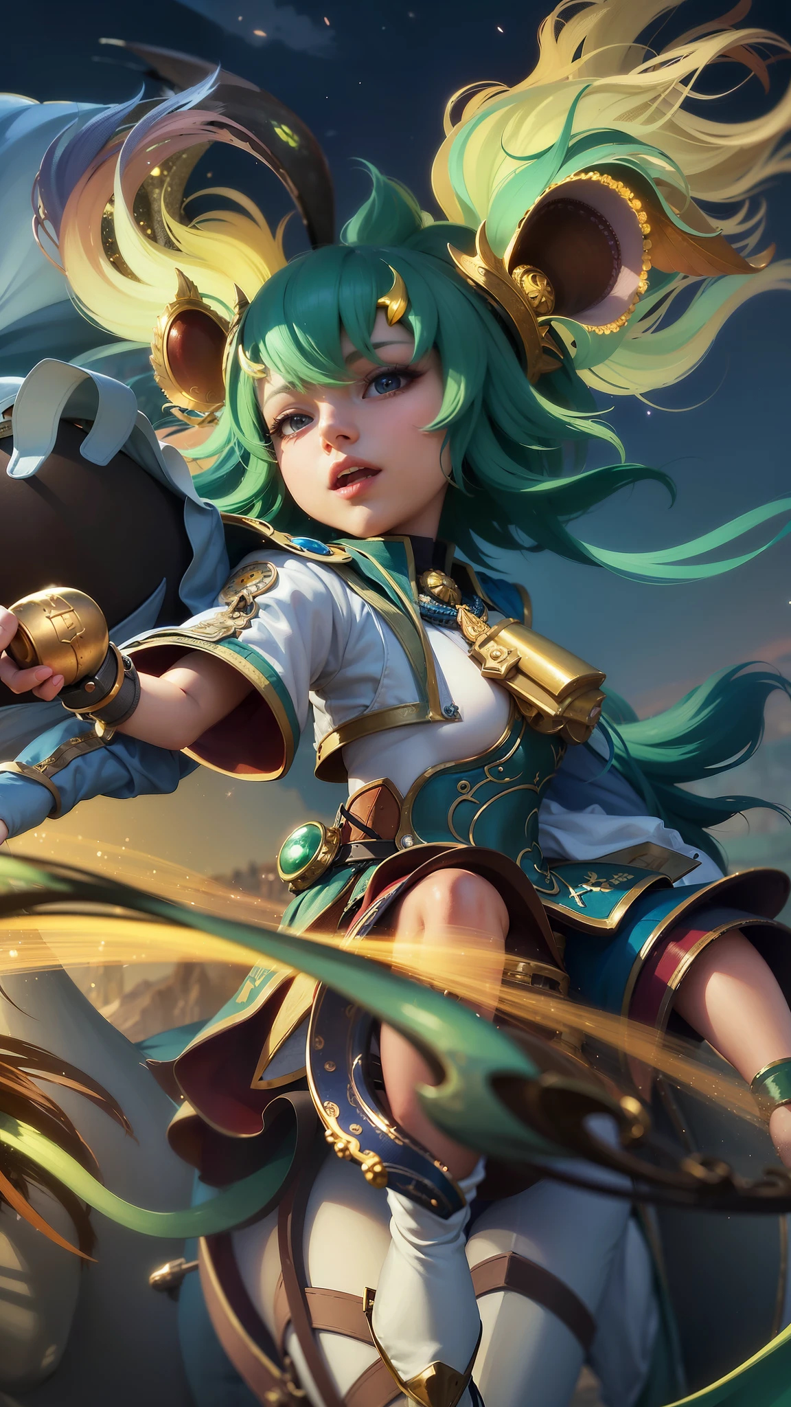 masterpiece, ((perfect eyes)) best quality, (semirealism:1.9), beautiful lighting, (extremely detailed CG unity 4k fhd wallpaper), High Detail, Sharp focus, dramatic outdoors, brown hair, light purpel eyes, smile, anime girl with green hair riding on a horse with a sword, portrait knights of zodiac girl, zenra taliyah, extremely detailed artgerm, artgerm lau, official splash art, qiyana, ! dream artgerm, youthful taliyah, style artgerm, knights of zodiac girl, splash art anime , g liulian art style. 