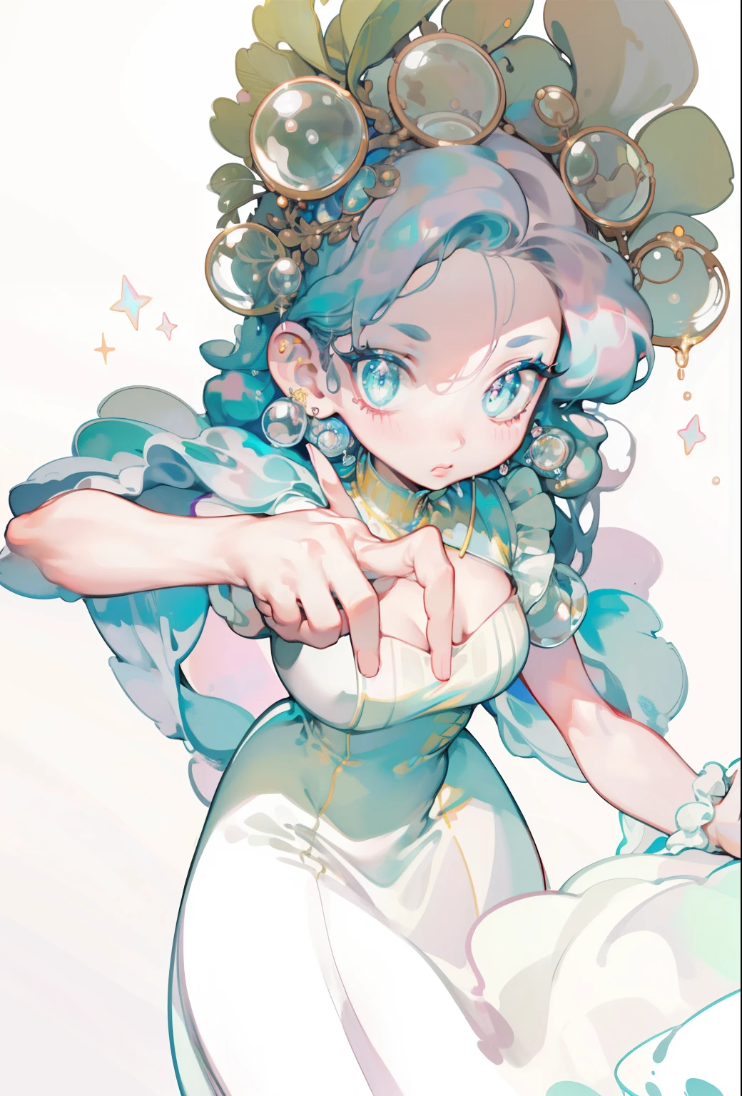 masterpiece, best quality, 8K resolution, sharp focus, intricate details, Beautiful girl, sparkling eyes, golden ratio face, Otherworldly liquids, Watercolor, ((pastel colors)), bright colors, weird, fancy, sharp focus, high resolution, fine details, ((layered ballgown)), Iridescent bubbles