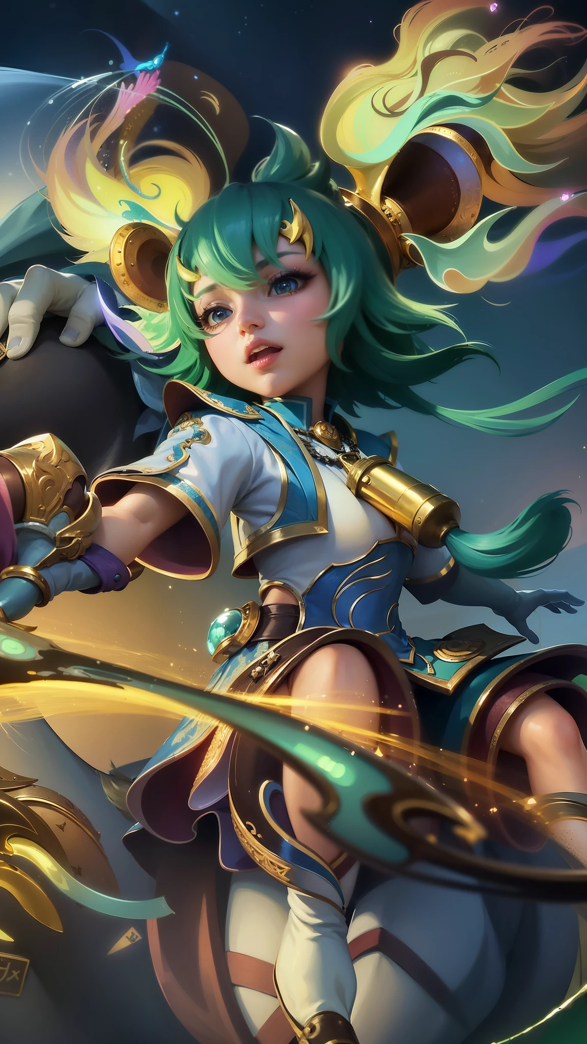 masterpiece, ((perfect eyes)) best quality, (semirealism:1.9), beautiful lighting, (extremely detailed CG unity 4k fhd wallpaper), High Detail, Sharp focus, dramatic outdoors, brown hair, light purpel eyes, smile, anime girl with green hair riding on a horse with a sword, portrait knights of zodiac girl, zenra taliyah, extremely detailed artgerm, artgerm lau, official splash art, qiyana, ! dream artgerm, youthful taliyah, style artgerm, knights of zodiac girl, splash art anime , g liulian art style. 