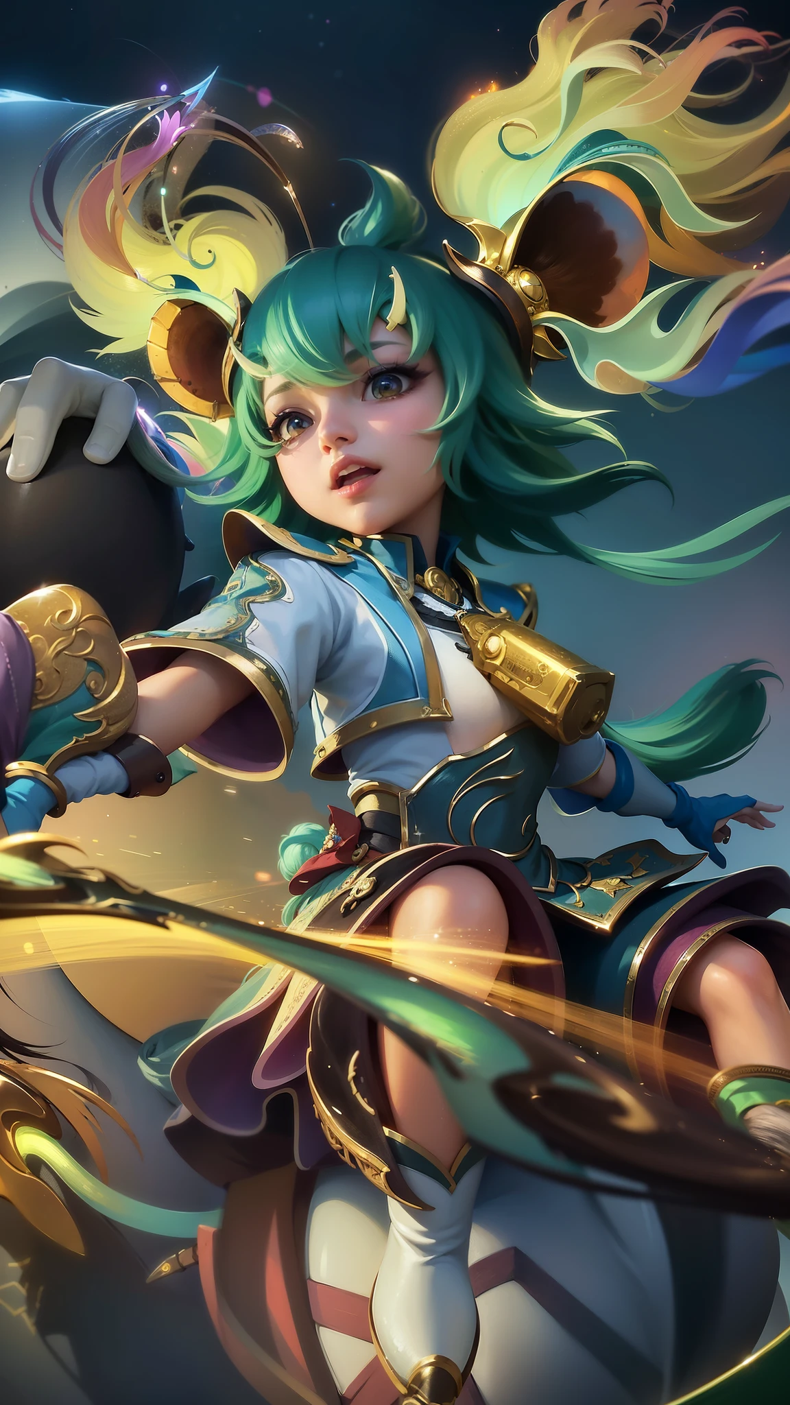 masterpiece, ((perfect eyes)) best quality, (semirealism:1.9), beautiful lighting, (extremely detailed CG unity 4k fhd wallpaper), High Detail, Sharp focus, dramatic outdoors, brown hair, light purpel eyes, smile, anime girl with green hair riding on a horse with a sword, portrait knights of zodiac girl, zenra taliyah, extremely detailed artgerm, artgerm lau, official splash art, qiyana, ! dream artgerm, youthful taliyah, style artgerm, knights of zodiac girl, splash art anime , g liulian art style.