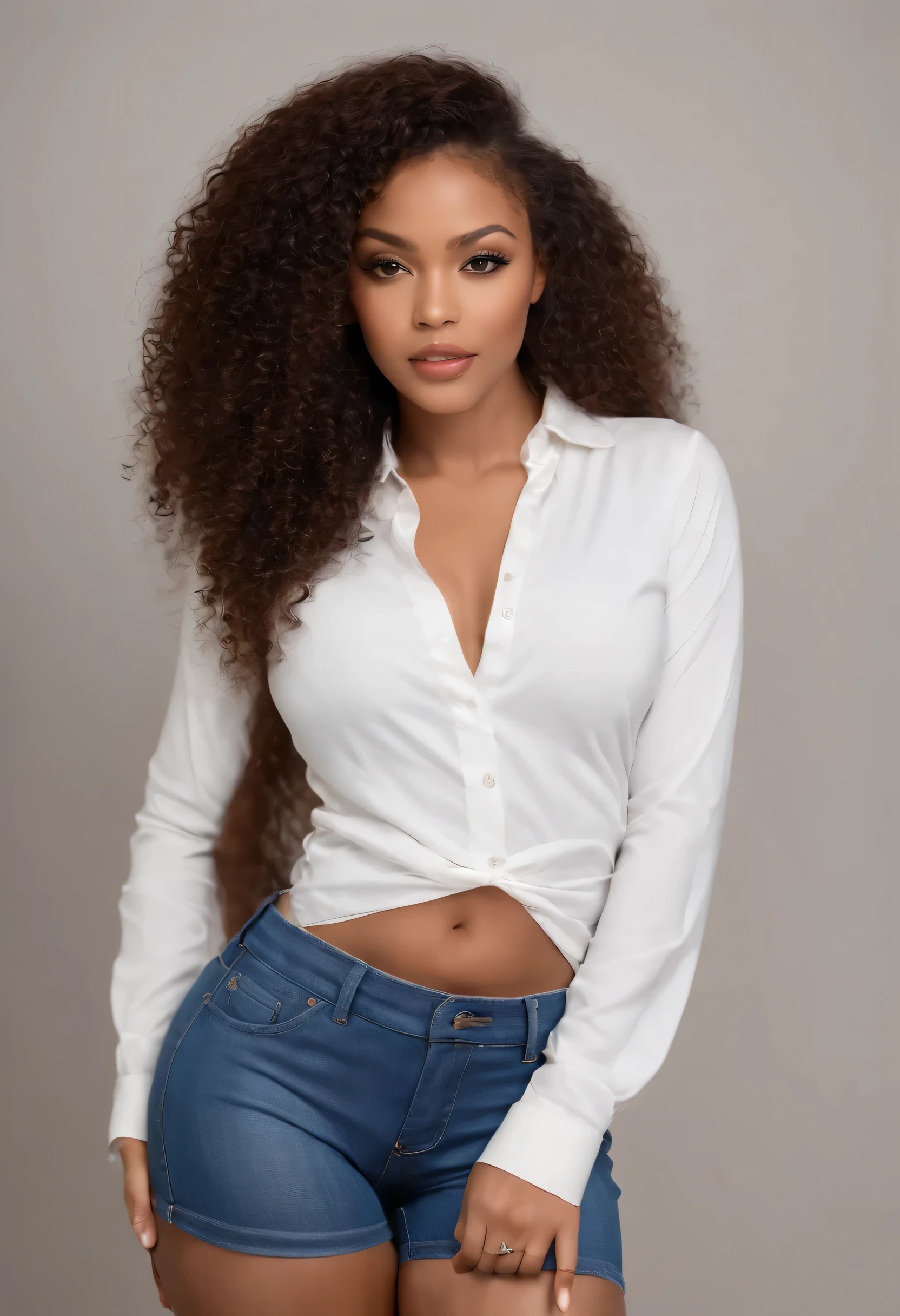 professional, (4k photo:1.1) , high detail, wearing (tight shirt:1.2), beautiful detailed face, an attractive black woman with long hair looks into the camera, looking like actress Katherine McNamara, panasonic lumix s pro 50mm f/1.4, anne stokes, color splash, dark orange and dark emerald, ferrania p30, photo realistic, (attractive young woman:1.3), (seductive:1.1), (blushing:1.1), hourglass body shape, big round breasts, wide hips, in background city, white shirt, short jeans