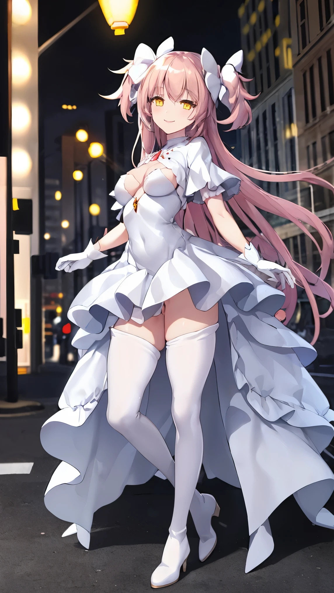 masterpiece, ultimate madoka, yellow eyes, white dress, (city street), full body, standing, light smile, glossy lips, medium breasts, thigh boots