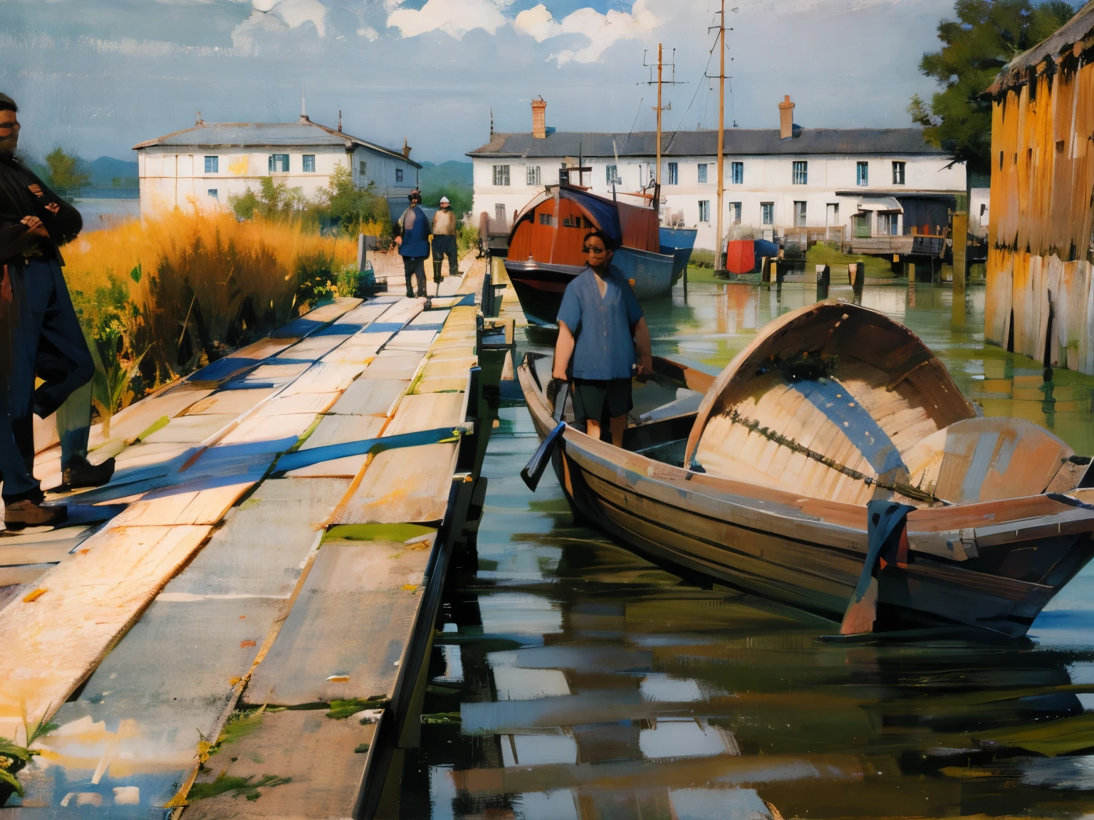 There was a man standing on the dock next to the ship, Beautiful rendering, at the waterside,Crowboat，rural，Ancient buildings in the distance，stone road，Western-style buildings in the distance，Grass and plants on the left，The wooden house on the right，passers-by，pedestrian，oil paint strokes，Impressionism，Sunlight，Extremely sophisticated concept art，lake surface，