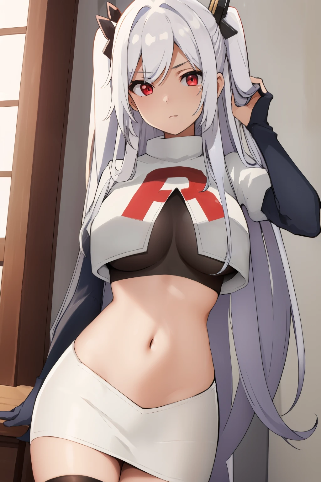 
é˜¿èŽ±å…‹è¥¿äºšÂ·ç±³å¾·å˜‰å°”,1girl,solo,long hair,white hair,sidelocks,very long hair,bangs,twintails,hair ornament,red eyes,black bow,hair bow,parted bangs,two side up,
large breasts, Exquisite visuals, high-definition,masterpiece,best quality,expressive eyes,
looking at viewer,
highres, absurdres,team rocket,team rocket uniform,white skirt,red letter R,crop top,black thigh-highs,black elbow gloves