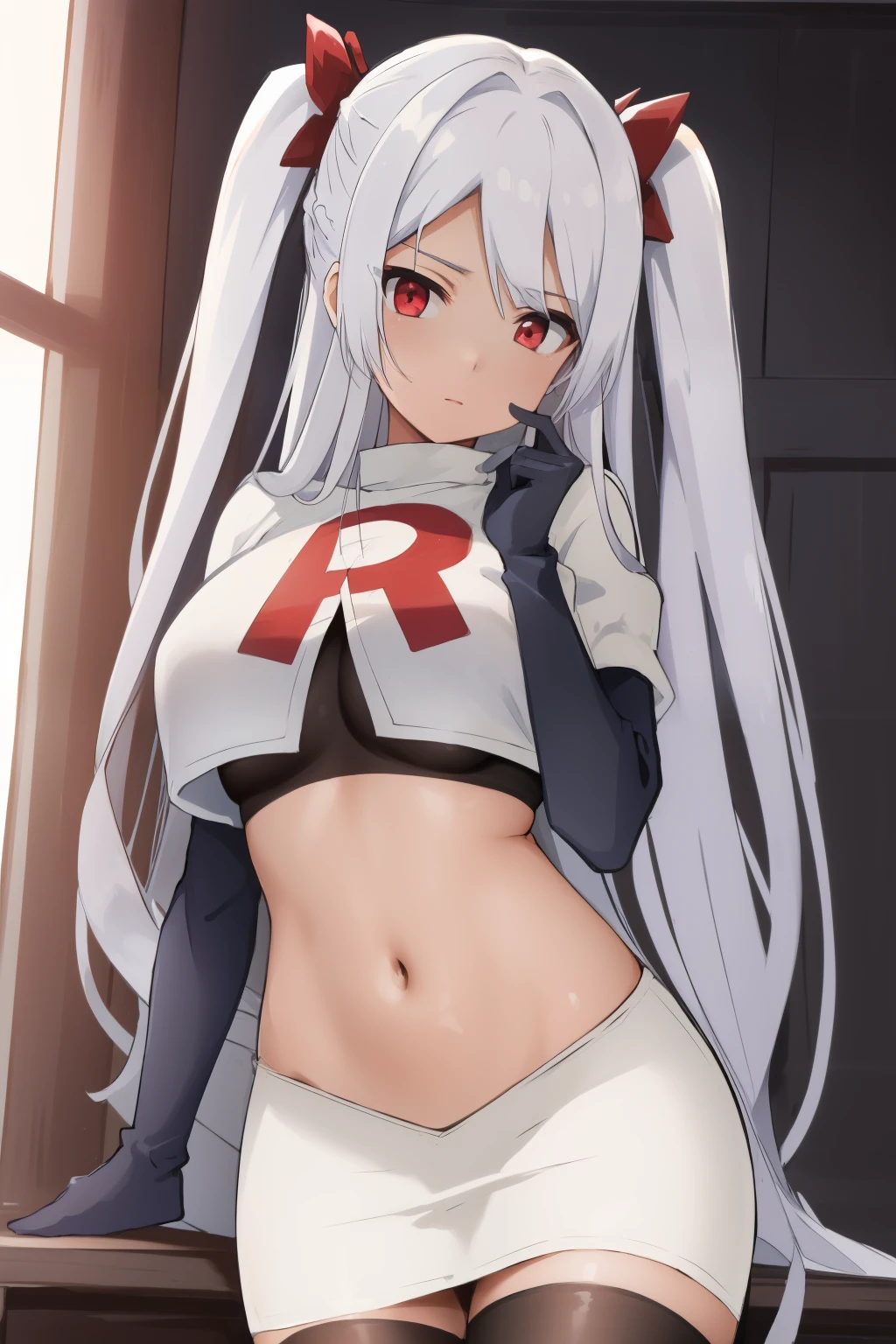 
é˜¿èŽ±å…‹è¥¿äºšÂ·ç±³å¾·å˜‰å°”,1girl,solo,long hair,white hair,sidelocks,very long hair,bangs,twintails,hair ornament,red eyes,black bow,hair bow,parted bangs,two side up,
large breasts, Exquisite visuals, high-definition,masterpiece,best quality,expressive eyes,
looking at viewer,
highres, absurdres,team rocket,team rocket uniform,white skirt,red letter R,crop top,black thigh-highs,black elbow gloves