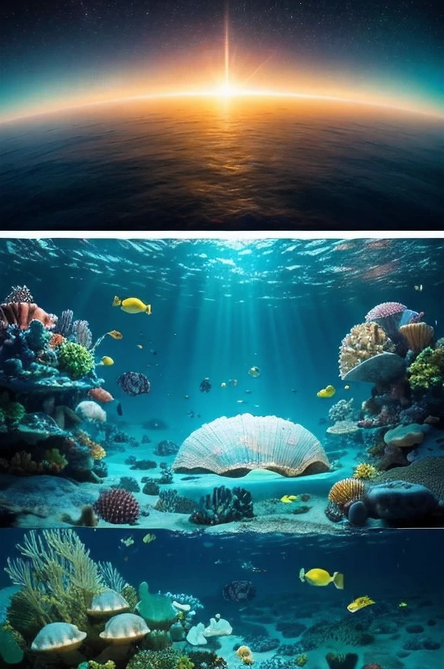 An unknown city lies at the bottom of the sea.。That city is、It is made of giant shells and jewel-like structureysterious lights dance。Sea creatures、I exist as a guardian who protects this city..、Praise the underwater city with a beautiful voice。Let's create an underwater city landscape。