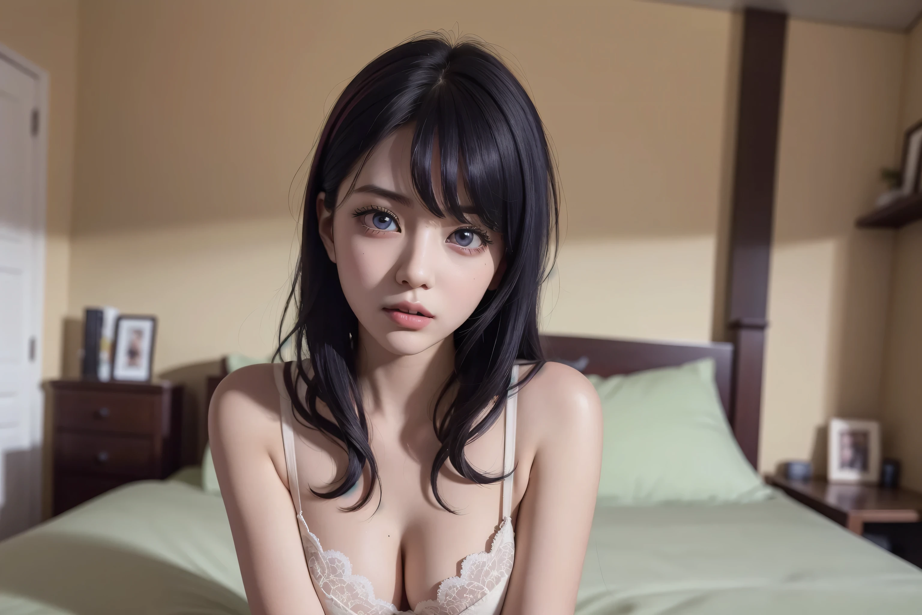 (A superb exquisite Hoshino Ai),(Hoshino Ai:1.5), long hair, purple hair, streaked hair, purple eyes, star-shaped pupils, straight bangs, solo, nature, extremely delicate, straight facial features, peerless beautiful girl, soft, (sensual face), ((ecchi face)), dreamy quality, exaggerated facial features, solid color, frank holly, delicate face, bright lips, slender waist, soft curves, real light and shadow, super fine, 4k, natural moving, Ultra high resolution, (masterpiece:1.2, best quality), (finely detailed beautiful eyes: 1.2), (beautiful detailed face), sexy nude model, sexy pose,  Ultra high definition bra and panties, erect nipples, Medium chest, slender body, (bedroom), beautiful beauty, beautiful digital illustration, beautiful artwork illustration, beautiful digital artwork, beautiful gorgeous digital art, beautiful digital art, gorgeous digital art, very beautiful digital art, beautiful fantasy art, beautiful digital painting, beautiful digital illustration, gorgeous digital painting,