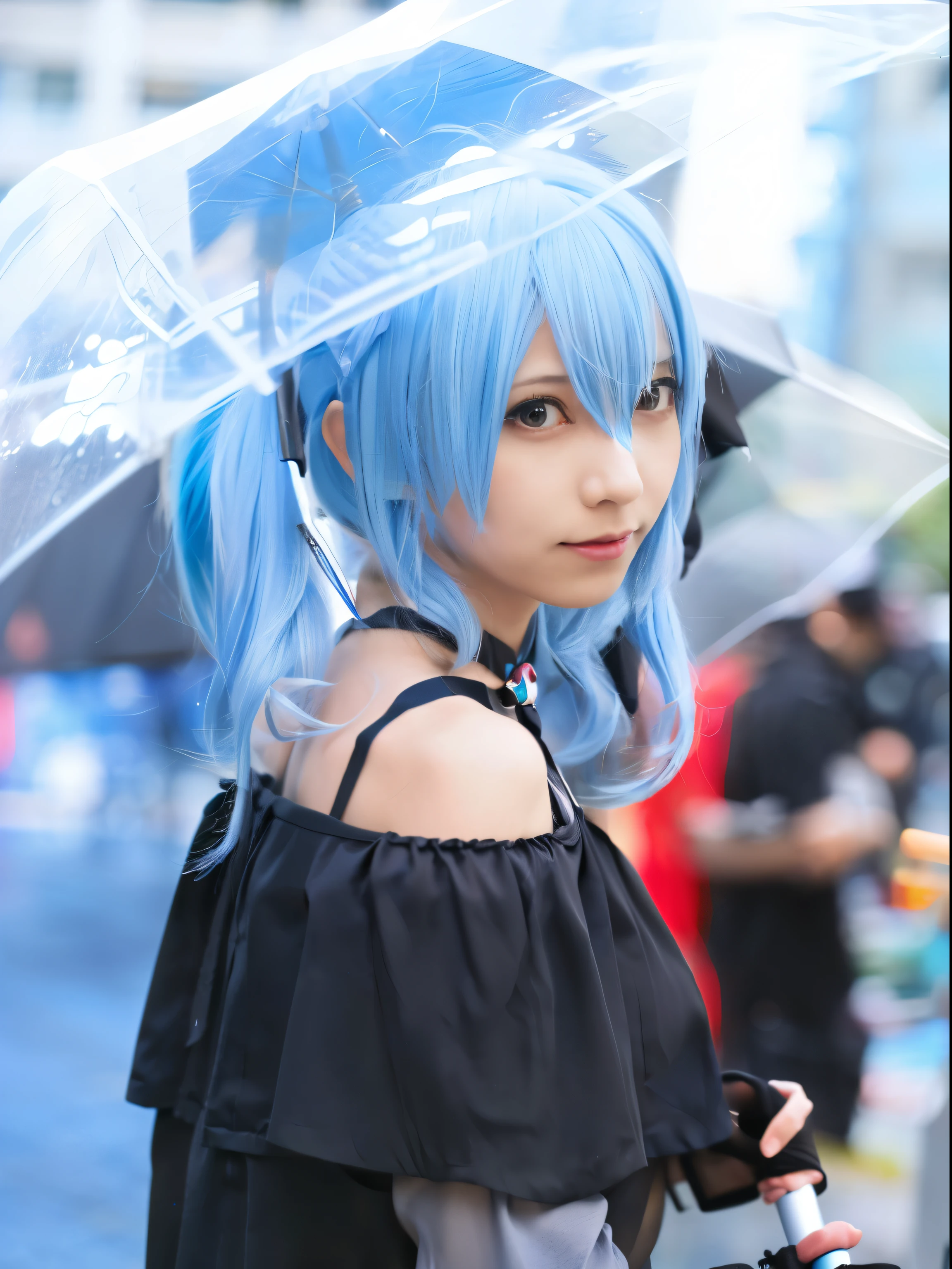 there is a woman blue haired and a black top holding an umbrella, anime girl cosplay, anime cosplay, A mix of anime style and Fujifilm, cosplay, hatsune miku cosplay, cosplay photo, cosplayer, real anime girl, 美しいblue haired女の子, blue haired, girl blue haired, i deny that, pretty girl blue haired, mikudayo