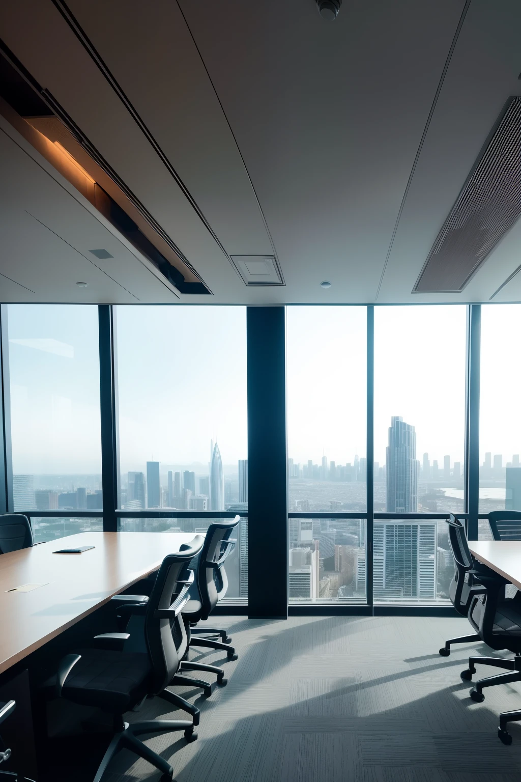 In the heart of the bustling city, there lies a modern and sleek meeting room in an office building. Equipped with twelve ergonomic chairs, the room comfortably accommodates a group of professionals. Through the large windows, the city view unfolds before your eyes, presenting a breathtaking tableau of urban life. The high resolution of the windows reflects every minute detail, from the towering skyscrapers to the moving vehicles below.

The unique decor of the room adds an air of sophistication and distinction. With its stylish furniture, contemporary artwork adorning the walls, and carefully selected accessories, the meeting room exudes an aura of professionalism and creativity. The natural light that flows in
