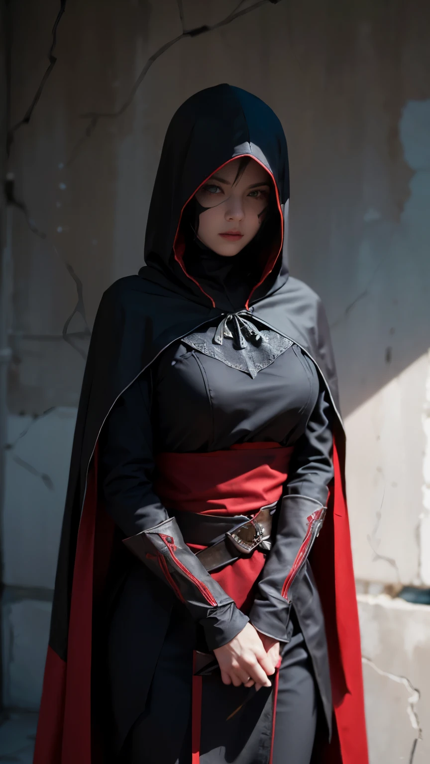 Little red riding hood transformed into an assassin from Assassin's Creed. shed her traditional cape, donning a sleek, black hooded outfit. Her red riding hood became a hood with pointed ends, blending into the shadows. She bore the insignia of the Assassin's Creed, a hidden leaf, on the hidden part of her hood. Her eyes sharpened, reflecting the intensity and focus of a highly skilled assassin. Her face, once innocent and rosy, was now masked by a veil of mystery and danger. Her lips were pressed into a thin line, her gaze unwavering, her demeanor cold and calculated. Her figure was lithe and