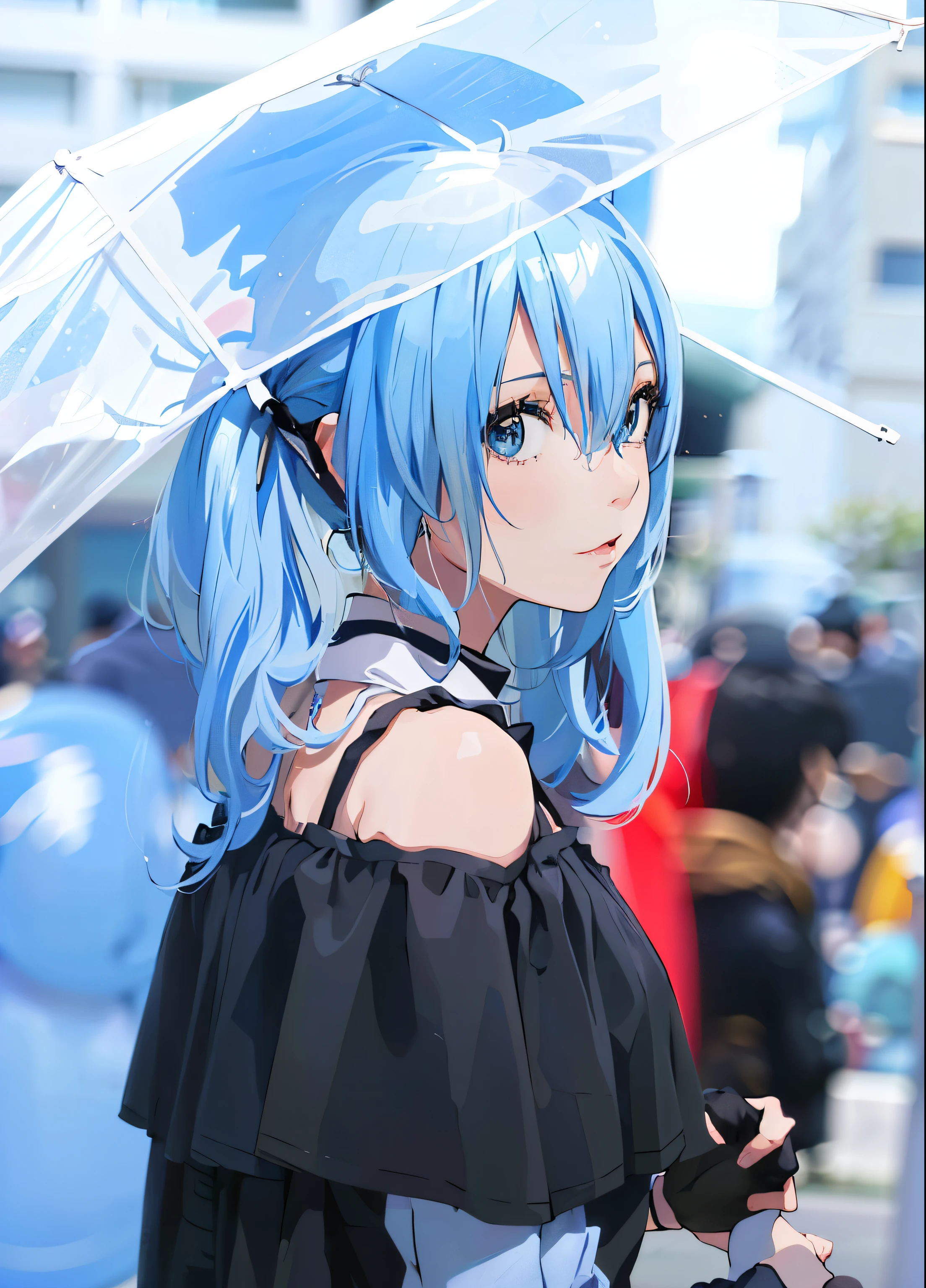 there is a woman blue haired and a black top holding an umbrella, anime girl cosplay, anime cosplay, A mix of anime style and Fujifilm, cosplay, hatsune miku cosplay, cosplay photo, cosplayer, real anime girl, 美しいblue haired女の子, blue haired, girl blue haired, i deny that, pretty girl blue haired, mikudayo
