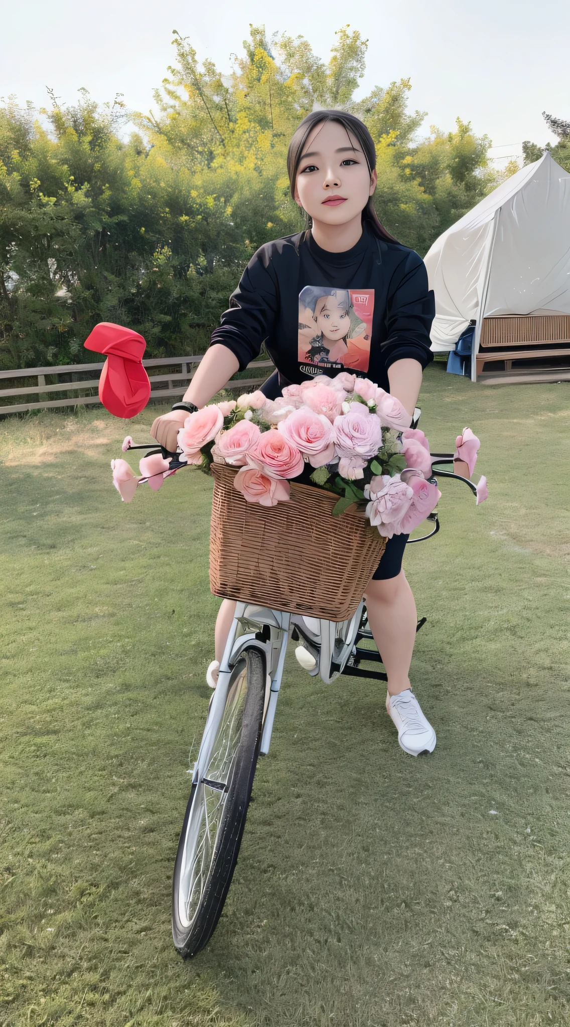 一个女孩骑bike，wear black clothes，There are flowers在车篮里, sunny, have fun, There are flowers, photo shoot,  Bring flowers, photo shoot, face close-up，bike, snapshot photo, beautiful girl, , The face is a bit fat，3D comic style