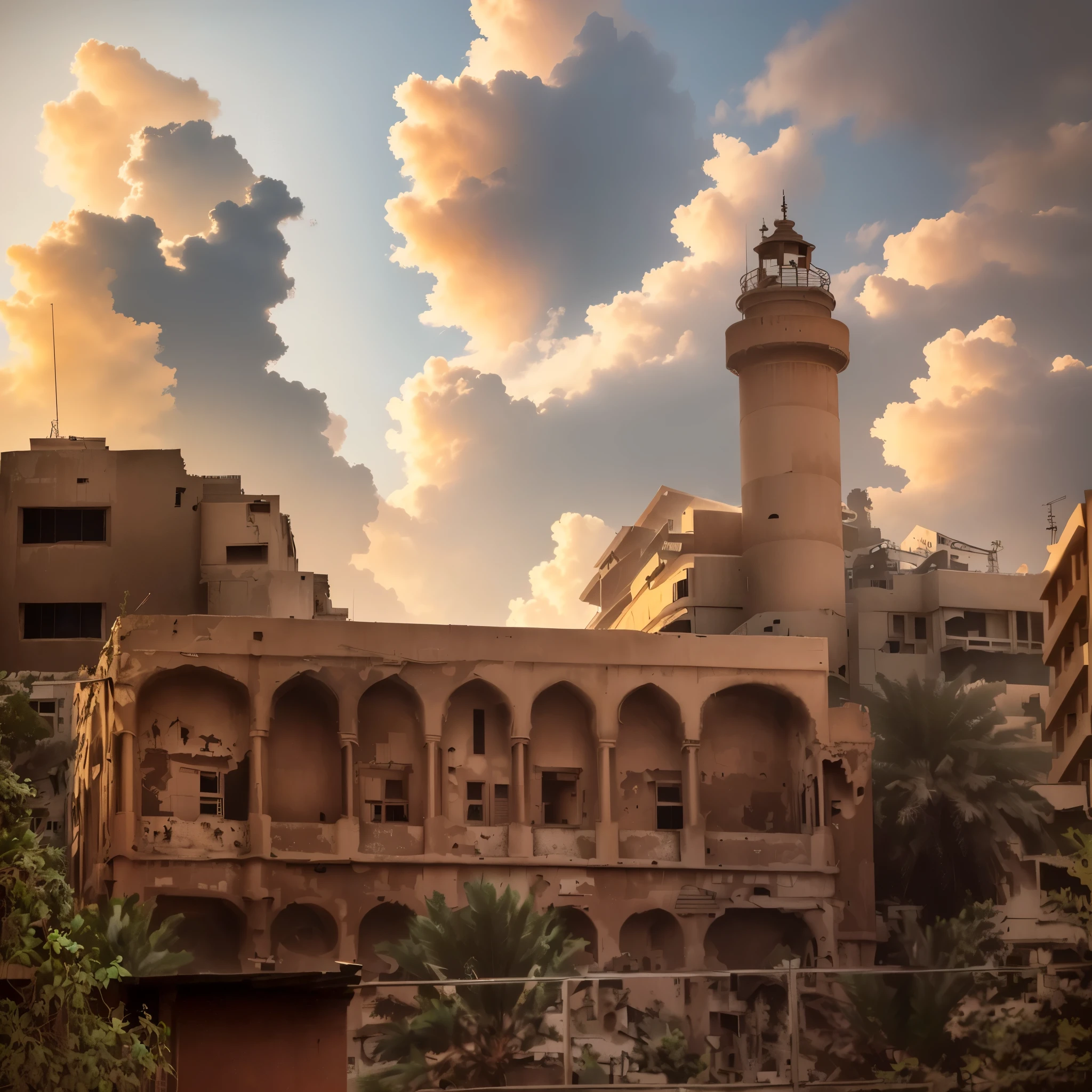 there is a building，There is a tower on it, an abandoned old, old buildings, old building, an abandoned, looking from a distance, Lao Jichida Street, background, conserved, looking from a distance, from a distance, around the city, looking from a distance, Old Jeddah city alley, dilapidated, looking from the outside