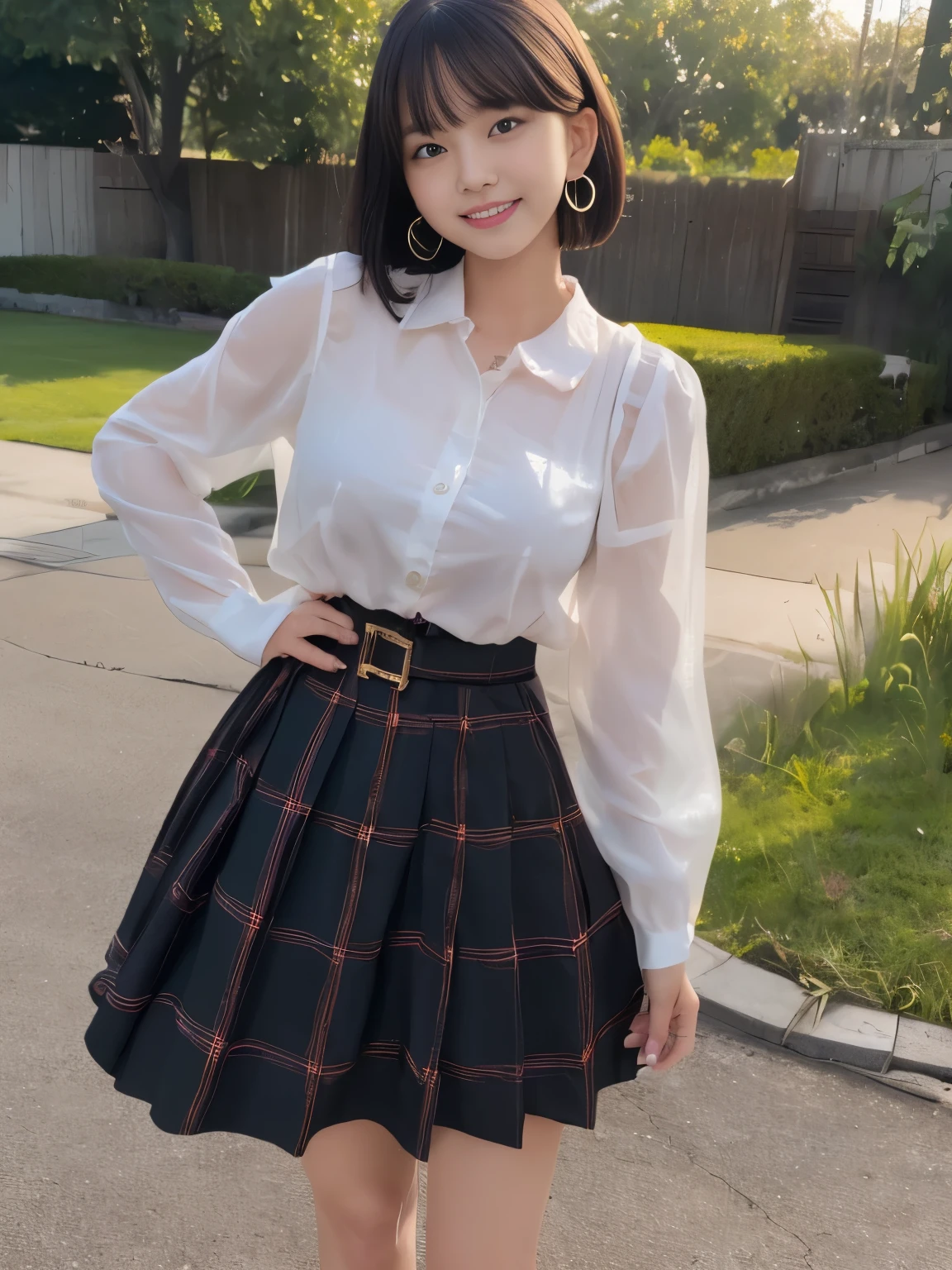(real photos, RAW photo, nikon, 8k, Super detailed, masterpiece, advanced details, intricate details, Super detaileded, realistic lighting),
(anatomically correct, High precision human body, highly detailed face, realistic skin, realistic depiction of characters),
(16 years old, Japanese younger sister, Japanese high school girl, slim waist and busty body, baby face, sister girl, Affectionate and cute, pretty girl, surreal girl),
(round face, black hair, short bob cut, see through bang, lowered eyebrows, troubled eyebrows, lowered eyebrows, Moist eyes, 1 small earring, light blush),
(elegant smile),
(Colorful long-sleeved shirt, plaid maxi long skirt),
Natural light, full length, whole body