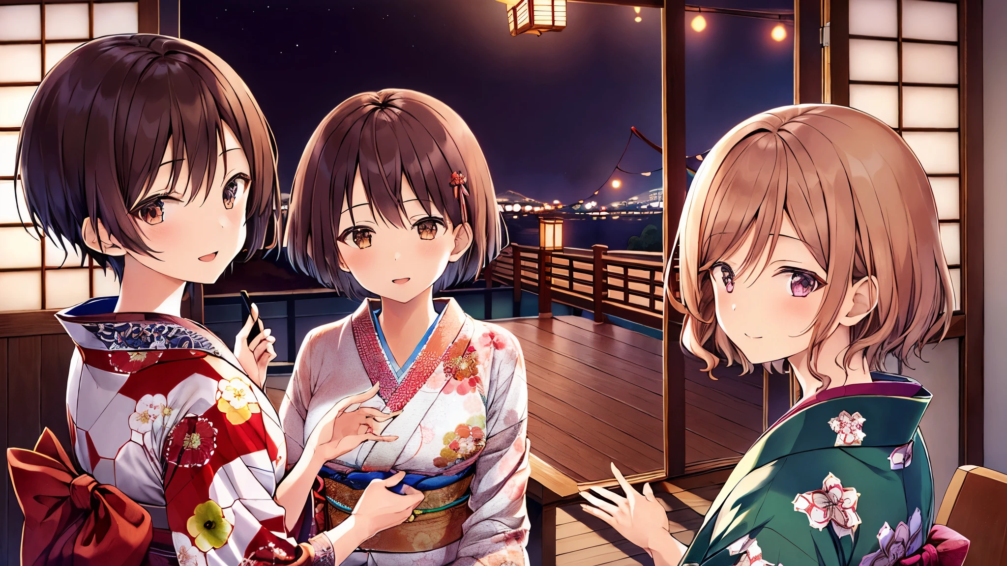 room, 3 girls, best quality, super high resolution, short hair, brown hair, brown eyes, kimono, looking at viewer, night, detailed scene