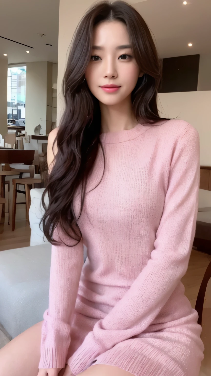 ((top-quality、8k、masterpiece:1.3))、Beautiful woman with perfect body:1.4、slim abdomen:1.2、Longhair, normal breast, Highly detailed facial and skin texture, A detailed eye, delicate eyes, double eyelid, (smile), (full body shot), ((sitting outside of cafe)), (sitting in chair), ((wearing pink sweater dress)), looking in front