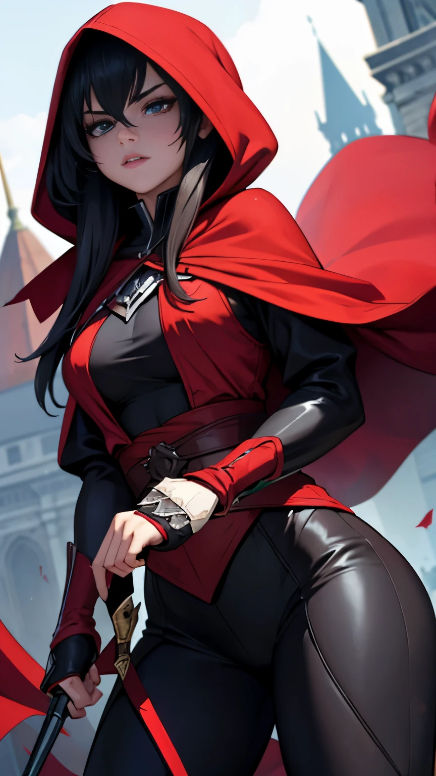 Little red riding hood transformed into an assassin from Assassin's Creed. shed her traditional cape, donning a sleek, black hooded outfit. Her red riding hood became a hood with pointed ends, blending into the shadows. She bore the insignia of the Assassin's Creed, a hidden leaf, on the hidden part of her hood. Her eyes sharpened, reflecting the intensity and focus of a highly skilled assassin. Her face, once innocent and rosy, was now masked by a veil of mystery and danger. Her lips were pressed into a thin line, her gaze unwavering, her demeanor cold and calculated. Her figure was lithe and