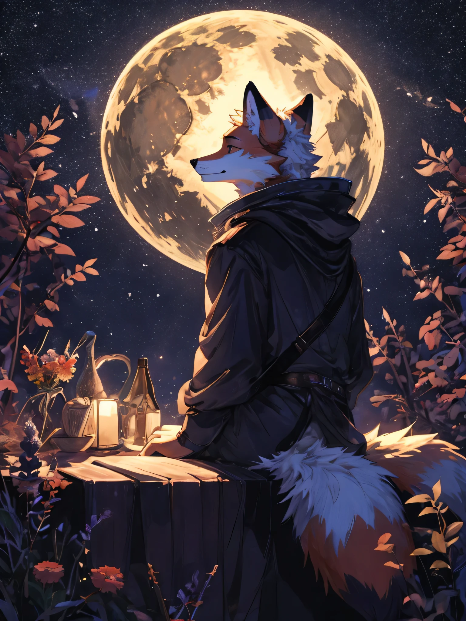 The background is a huge moon, painting of a fox with white hair sitting on a branch under the stars, ethereal fox, nine-tailed fox, Dreamy, nine tails, Beautiful artistic illustration, Mysterious creature, fox, Beautiful digital artwork, Beautiful digital illustration,  Bright light, high contrast, Horror theme, dark atmosphere
