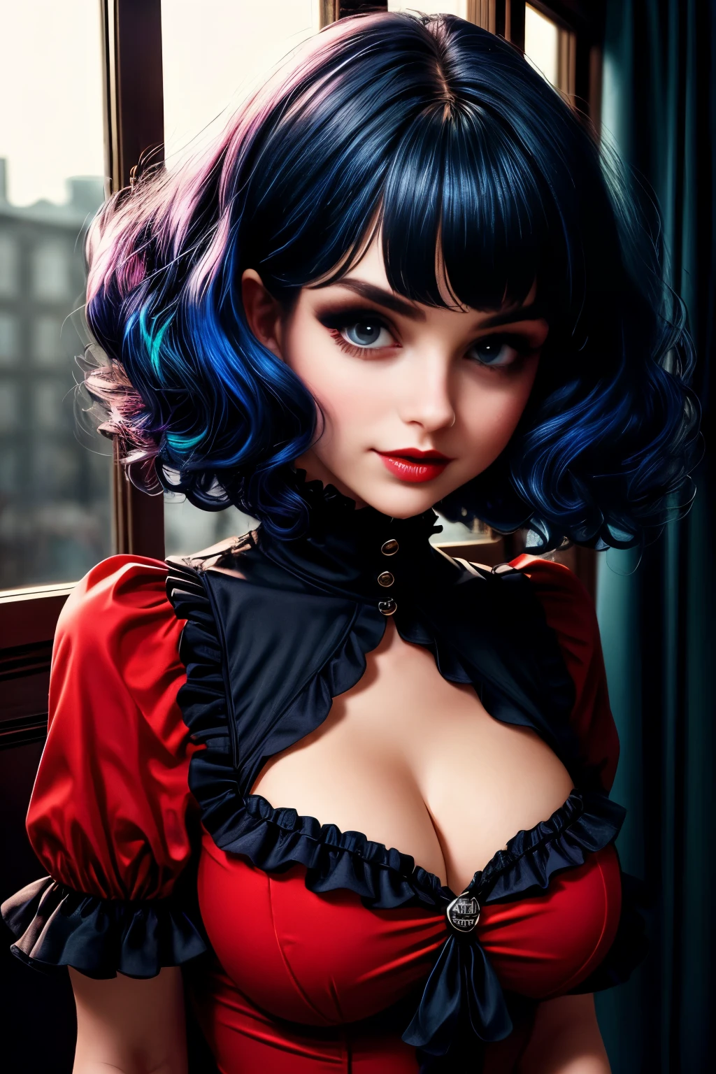 upper body, a badass cute GothGal, 28 years old, (caligirl:1.3), slaying it, wearing a red GothGal outfit, red dress, ribbon, frills, Pouty lips, Long eyelashes, thick lips rosy cheeks, cuteness overload , moody atmosphere, dimples, Resist her cuteness!!!, cute smile, fair pale skin, oily skin, light radiant eyes, (Voluminous curls hair cut), (Navy blue hair color), direct flash photography, color filter, grainy, Bob-cut, (colorful light)