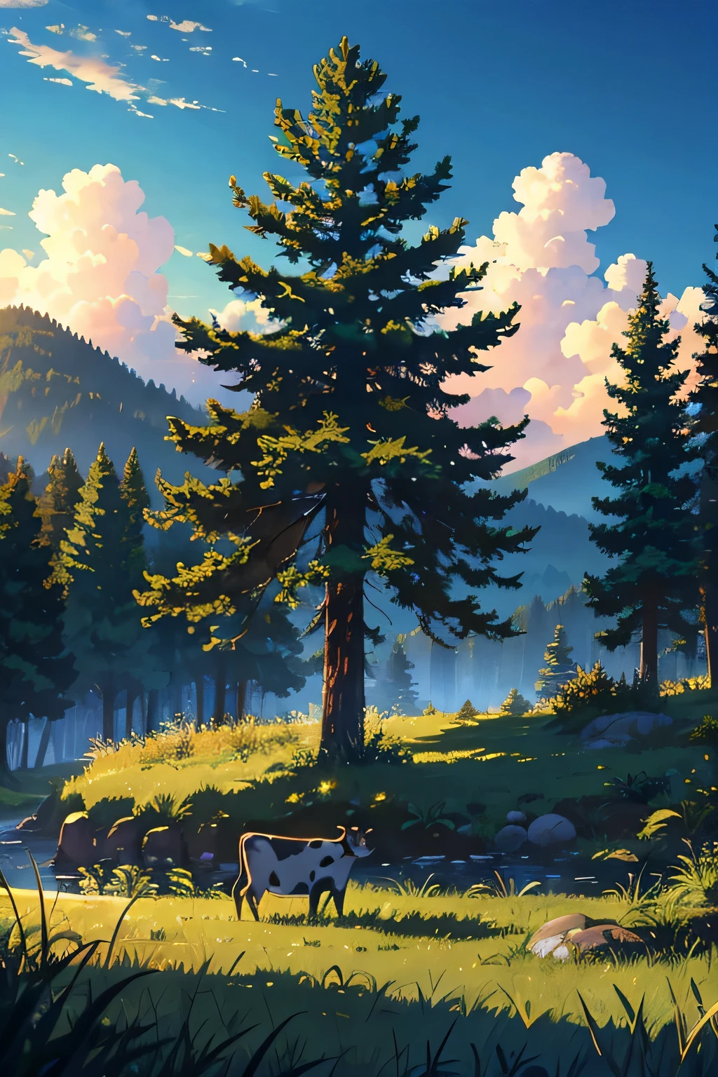 cow,
BREAK (masterpiece, best quality:1.2), outdoors, nature, forest, pines, grass, tall grass, detailed grass, plants, day, clouds,
