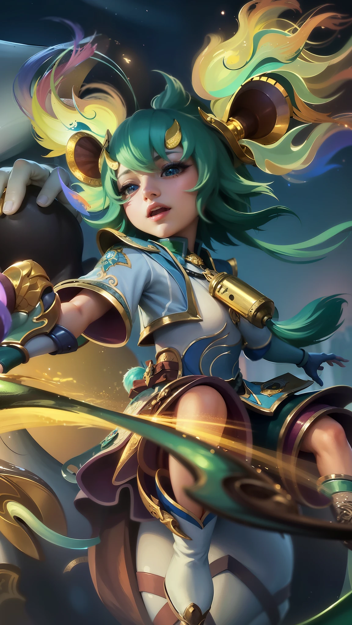 masterpiece, ((perfect eyes)) best quality, (semirealism:1.9), beautiful lighting, (extremely detailed CG unity 4k fhd wallpaper), High Detail, Sharp focus, dramatic outdoors, brown hair, light purpel eyes, smile, anime girl with green hair riding on a horse with a sword, portrait knights of zodiac girl, zenra taliyah, extremely detailed artgerm, artgerm lau, official splash art, qiyana, ! dream artgerm, youthful taliyah, style artgerm, knights of zodiac girl, splash art anime , g liulian art style.