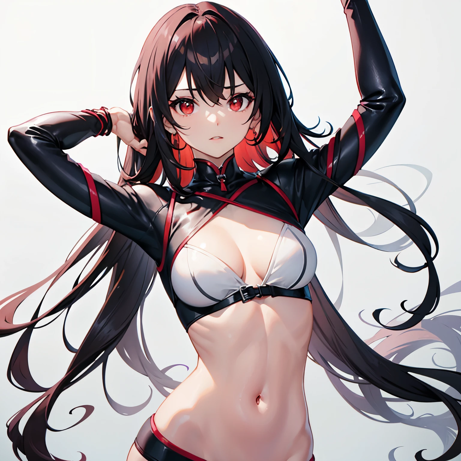 ((cabelo vermelho e branco)), ((cabelo longo)), ((mulher)), ((red eyes)), ((fundo liso)), ((corpo todo))