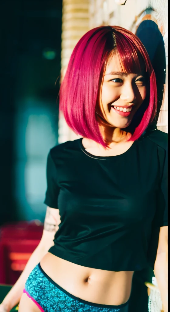 beautiful woman, japanese actress, look at us and smile, Upper body, 信じられないほど詳細なface, 信じられないほど詳細なbeautiful目, ,(beautiful),(Feminine characteristics), (18-year-old:1.4), alone, 1 female, (attractive punk girl), blue eyes,face、(laughter:1.5),(facing the front:1.2),(dark clothes), (band t-shirt), (low rise panties) ,lying on the bed,(put your hand on your crotch),(bsdm), pink hairのミディアムヘア, (pink hair), ear hair, , single blade, (single blade), (side blade) ,table top, high quality, 最high quality, very detailed, Extremely detailed, 4k, bold sexy pose,Digital single-lens reflex camera,(8K quality,table top,最high quality,Ultra high resolution output image,),intricate details,(High-definition raw photos:1.3),(Image mode Ultra HD),squat