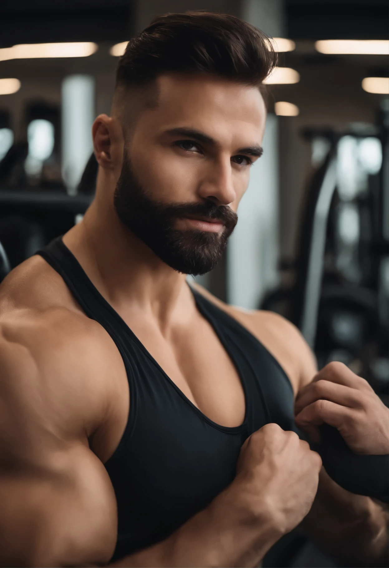attractive 30 year old man gym suit , Belle barbe , Executive Sexy Man, Terno donc, Front camera focus, mode portrait, perfectly straight in front of the camera